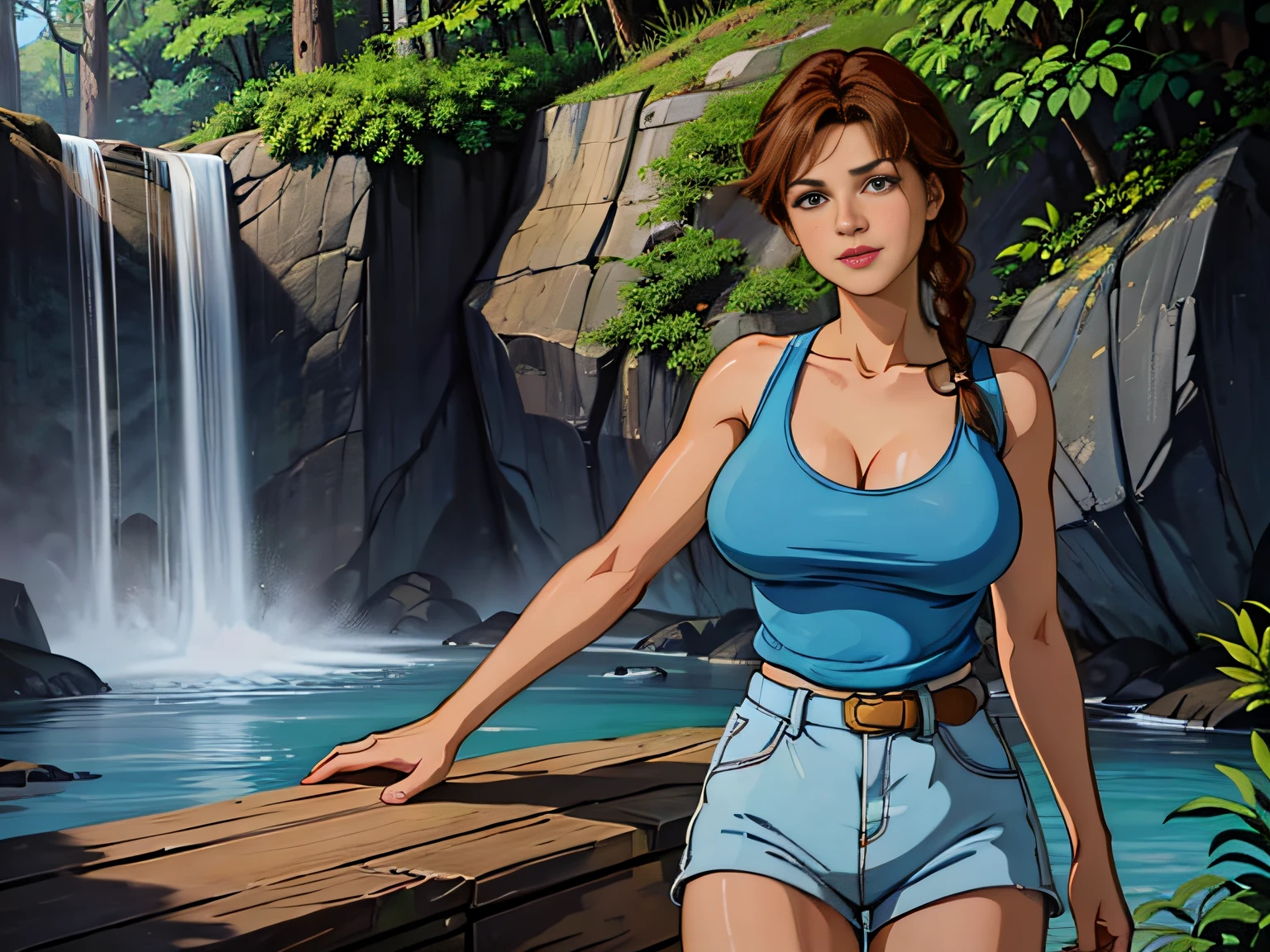 cowboy shot, lara croft in light blue tank top and brown shorts, 1980s \(style\), 1girl, Full-body figure, dark brown hair, single braid hair, retro artstyle, looking at viewer, solo, light blue tank top, big tits, (naked_breasts:1.2), big_breasts, cleavage, jungle waterfall in the background