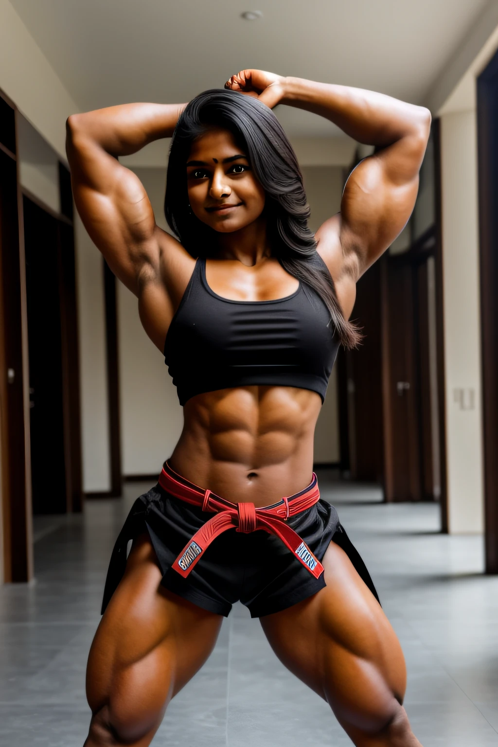 young Indian girl looks smug as she flexes her powerful bodybuilder body. wears Karate black belt around waist, bare legs