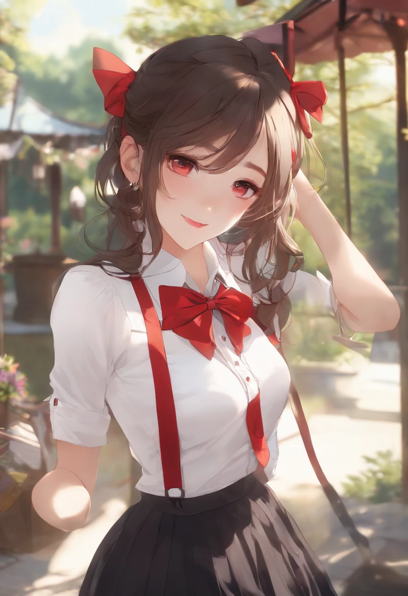 1girll, Solo, Small breasts, suspender skirt, White shirt, red bowtie, cheerfulness