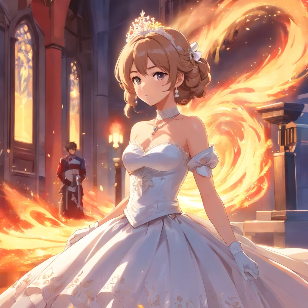 Best quality, Masterpiece, A stunningly beautiful Greer Gramer as a royal bride,Wearing a solemn and delicate white satin and tulle royal wedding dress,Decorated with a huge ribbon bow, Lace, frilld, Braided pleats, Embroidery and jewelry, (With huge puff sleeves)((Lava fire skirt)) Hourglass waist and voluminous Crinoline hoop skirt, bustle, and trains, white long gloves, pearl necklace and earrings, Carefully curly and styled hair