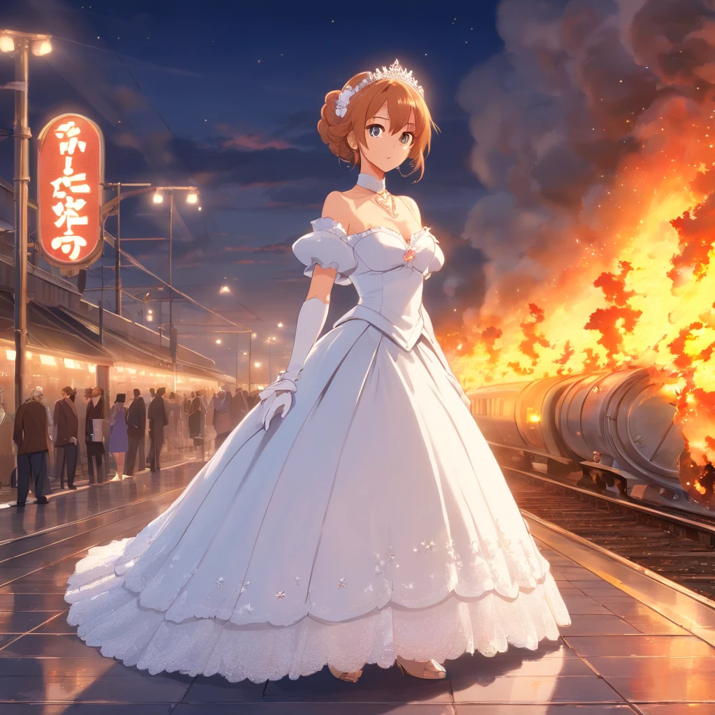 Best quality, Masterpiece, A stunningly beautiful Greer Gramer as a royal bride,Wearing a solemn and delicate white satin and tulle royal wedding dress,Decorated with a huge ribbon bow, Lace, frilld, Braided pleats, Embroidery and jewelry, (With huge puff sleeves)((Lava fire skirt)) Hourglass waist and voluminous Crinoline hoop skirt, bustle, and trains, white long gloves, pearl necklace and earrings, Carefully curly and styled hair