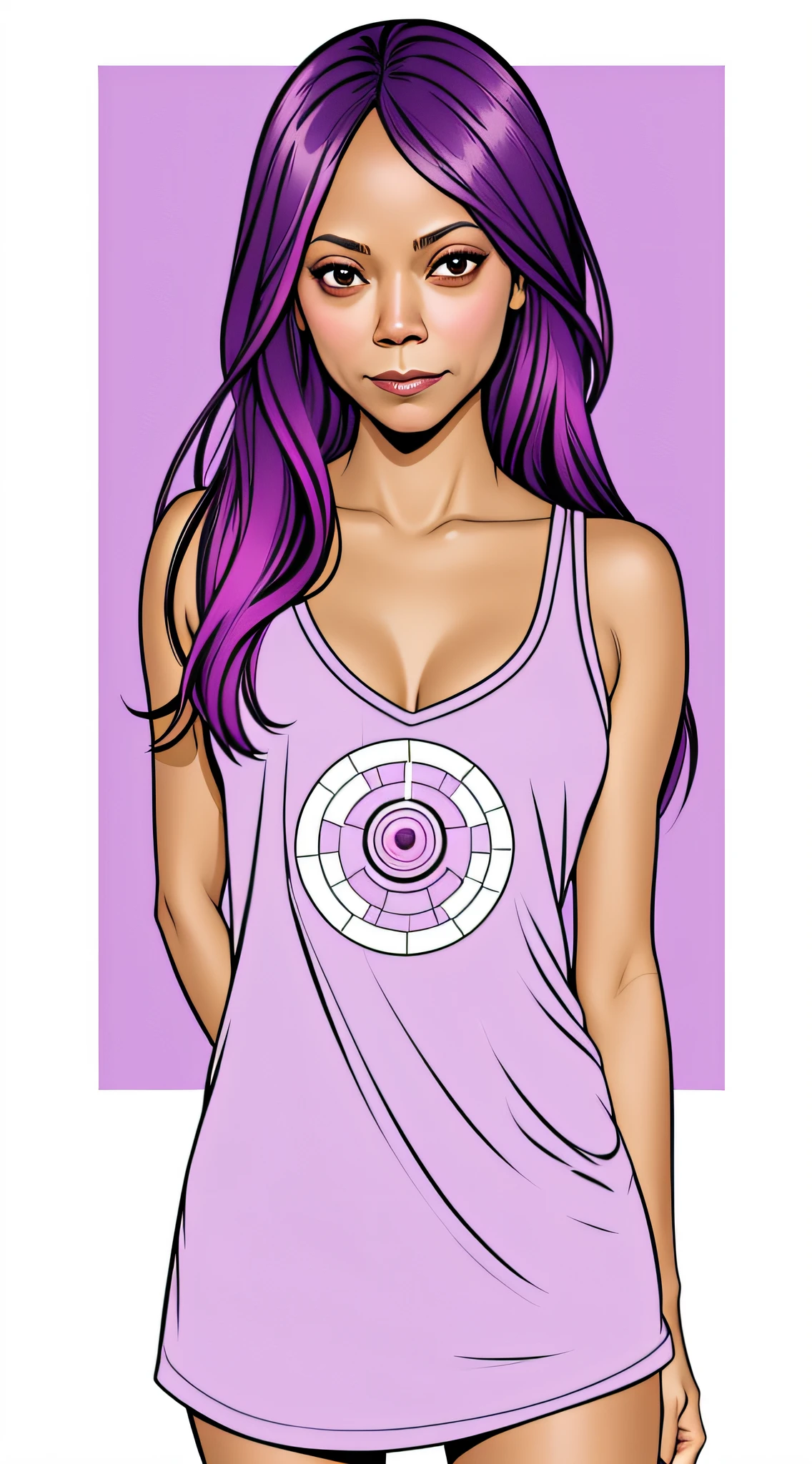 1girl,cute (zoe saldana),lady gamora,green skin,half body shot,front stand,looking at camera,eye contact camera,minimalistic,line art, vector, svg, coloring book, coloring book page style, purple outline on pink