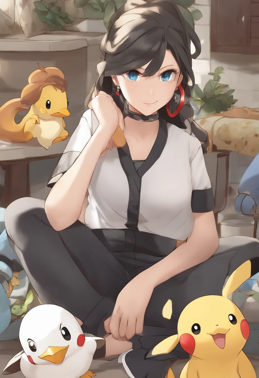 1girll, Solo, Masterpiece, Best_quality, photoshoot, looking at the camera in, Young Gadwall, Tired expression, Pokemon, Pokemon (gaming console), game freak, Nintendo, (Porcelain skin), Blue eyes, (Black hair), (Messy hair in a ponytail), Black cardigan, loose tshirt, Black sweatpants, gen 3 pokemon, Pokemon (organism), White skin, Specific background, Leaning