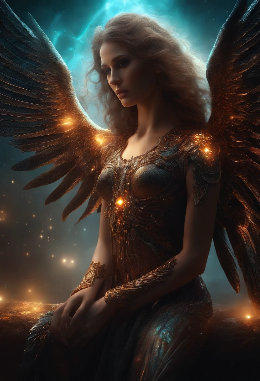 Cosmic Fallen Angel, glowing light eyes, Biomechanical, eerie, Creepy, nightmarish, Very bright colors, Light particles, with light glowing, Mshiv, wallpaper art, UHD wallpaper