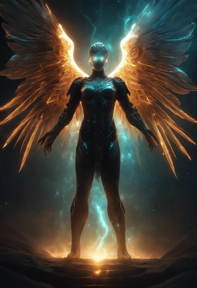 Cosmic Fallen Angel, glowing light eyes, Biomechanical, eerie, Creepy, nightmarish, Very bright colors, Light particles, with light glowing, Mshiv, wallpaper art, UHD wallpaper