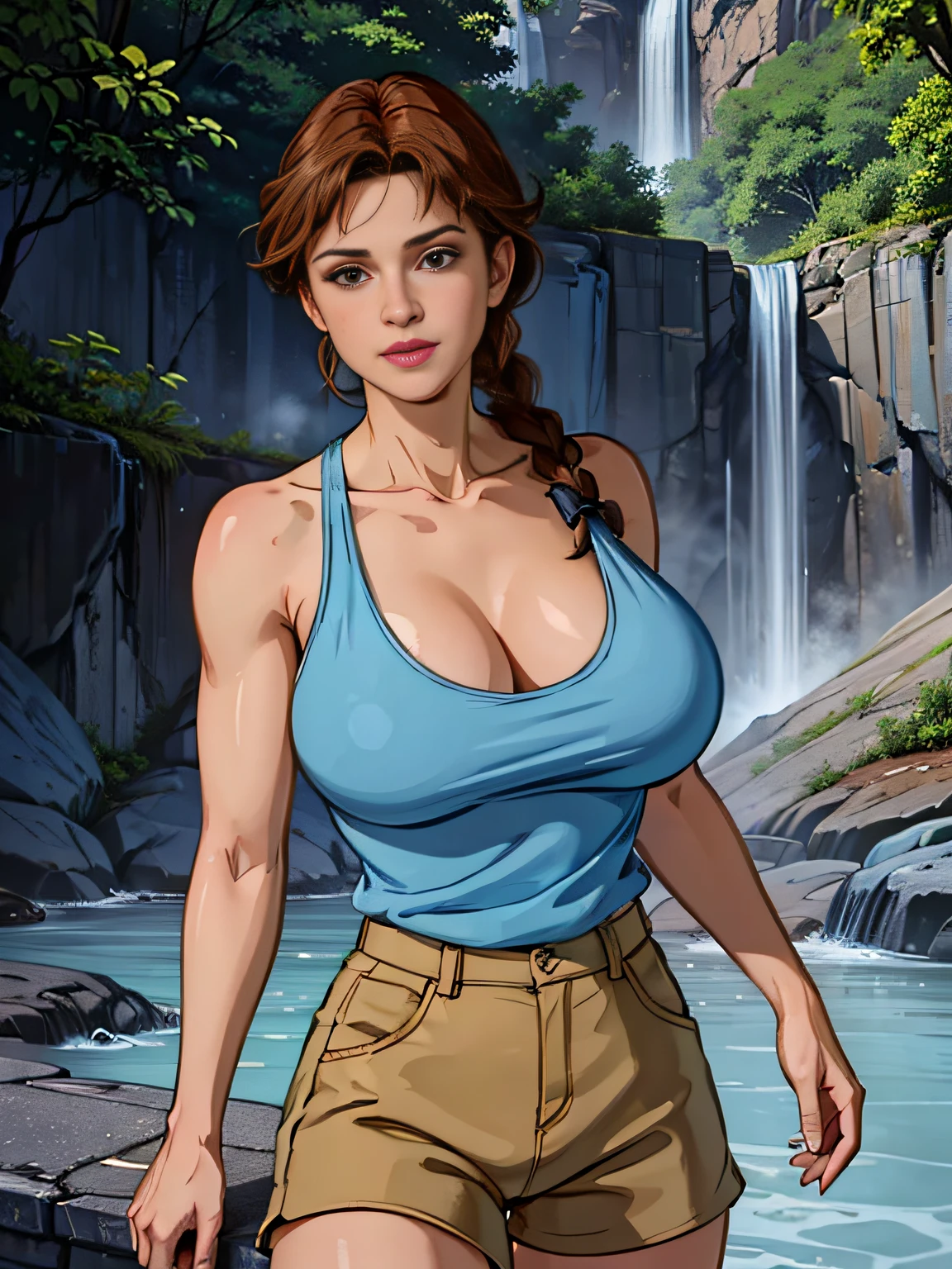 cowboy shot, lara croft in light blue tank top and brown shorts, 1980s \(style\), 1girl, Full-body figure, dark brown hair, single braid hair, retro artstyle, looking at viewer, solo, light blue tank top, big tits, (naked_breasts:1.2), big_breasts, cleavage, jungle waterfall in the background