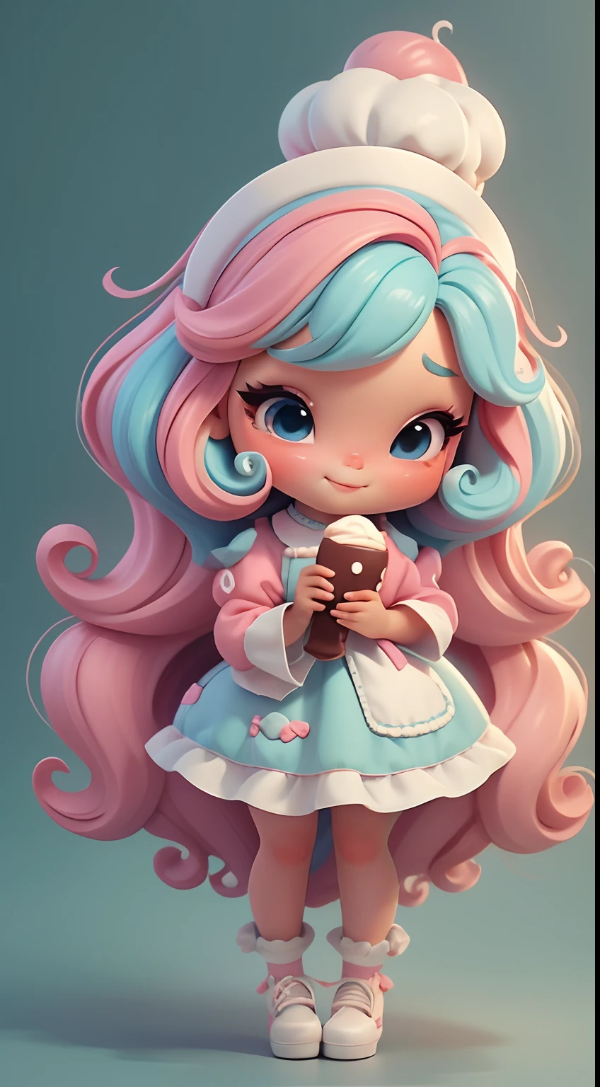 Create a series of cute baby chibi style dolls with a cute candyland chef theme, each with lots of detail and in an 8K resolution. All dolls should follow the same candyland candy background pattern and be complete in the image, mostrando o (corpo inteiro, incluindo as pernas: 1.5)
Boneca candyland f: Chame-a de Marina. Ela deve ter cabelo pequeno em tom colorido pastel. Seus olhos devem ser grandes e expressivos, with long eyelashes and rosy cheeks. Sorriso delicado e branco. Sophie deve estar vestida com uma roupa colorida, pastel tones and sweet details. She should hold a candy in her hands. Certifique-se de adicionar detalhes nas roupas, such as buttons and pockets, sapato bonito
Certifique-se de adicionar sombras, texturas e detalhes nos cabelos, roupas, doces e chocolate em barra, to make them even more adorable and charming.
