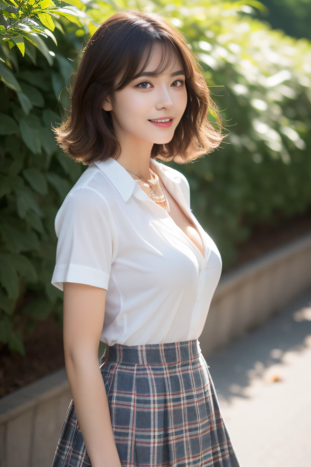 NSFW, 8k RAW photo, Best Quality, ((masutepiece)), 超A high resolution, Film grain, filmg,( 20yr old, Slender face, 1girl in, slanted eye, eyesight, long eyelashes, Eye Highlights), Looking at Viewer, Natural Skin Texture, A perfectly proportioned face, Dimples, realistic eyes and face details, Full lips, lip stick, (makeup), Red eyeshadow, Perm Hair, Fluffy short hair, hair messy, Smile, closes mouth, Beautiful legs, Tall lady, skinny, slim_Legs, Solo, huge-breasted, cleavage, Ultra short skirt, Ass, Shirt, (beautiful nature location, around flowers location), (Detailed background), (Beige plaid skirt, White shirt), huge-breasted, cleavage, Show a little cleavage through the shirt, lowfers, Blurry background, Blurry, Plaid, Short sleeves, Brown hair, Bangs, ((School uniform)), a necklace, Parted lips, Lips, From Side, Pleated skirt, depth of fields