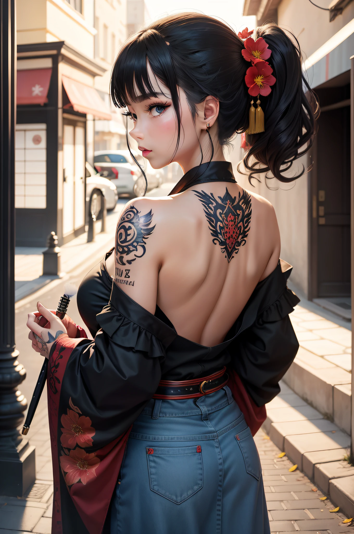 Masterpiece, Top quality, Best quality, offcial art, Beautiful and aesthetic:1.2),1girll, tattoo, Solo, Japanese clothes, red and black kimono, hair adornments, unsheathed, Black hair, scabbard, Back tattoo, Dragon tattoo, Blue eyes, cropped shoulders, Bare shoulders, Looking back, From behind, flower, view the viewer, Holding, Makeup, En plein air,