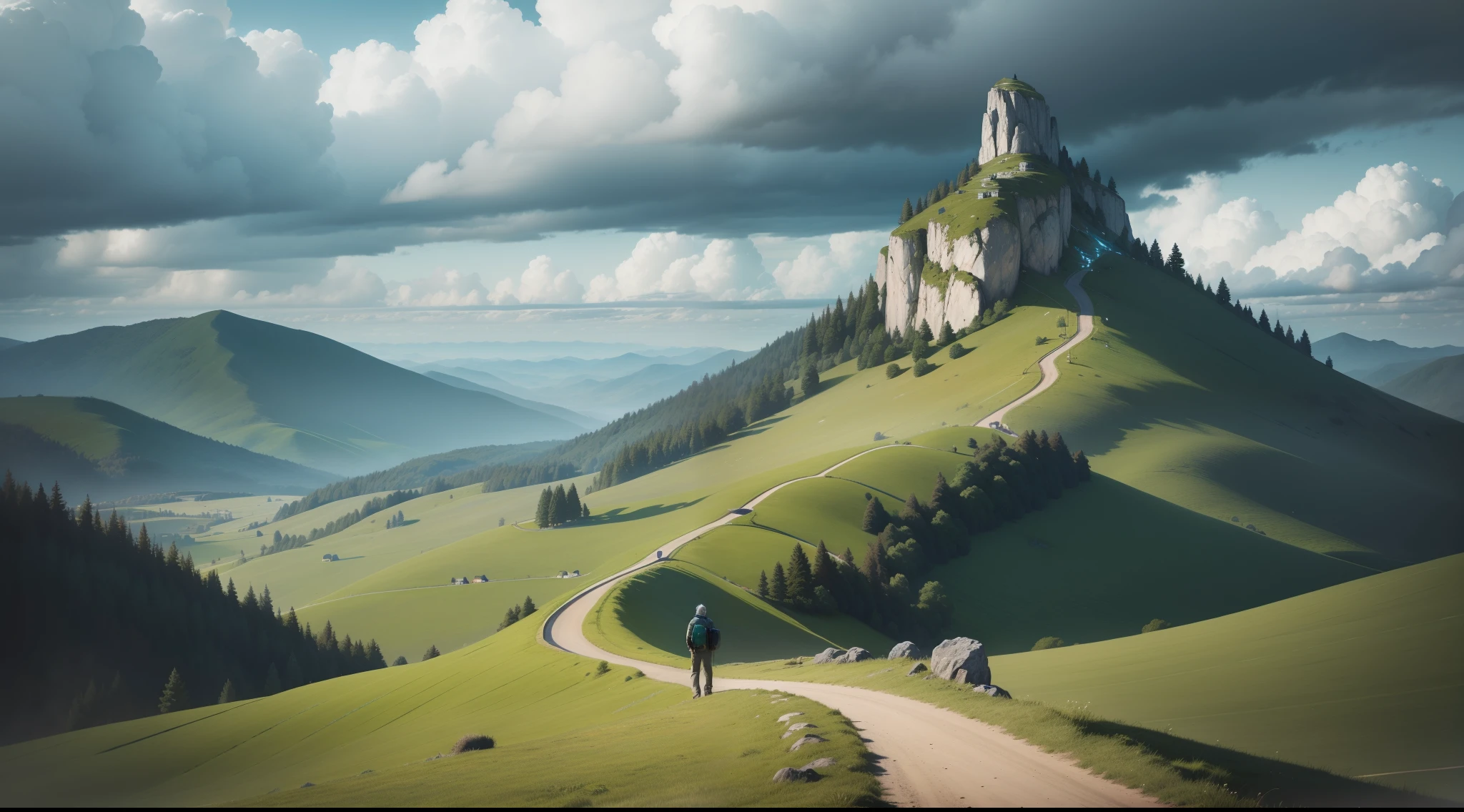 One guy, Climb every hill tirelessly, Even if they get old,The hair turned gray. (Best quality,4K,8K,A high resolution,Masterpiece:1.2),Ultra-detailed,Realistic:1.37,Portrait,Soft lighting,Green and blue color palette,Rolling hills,steep slope,winding path,Lonely figure,Tired expression,worn-out clothing,Empty landscape,overcast sky,Thick clouds,Misty atmosphere,fading footprints,distant horizon