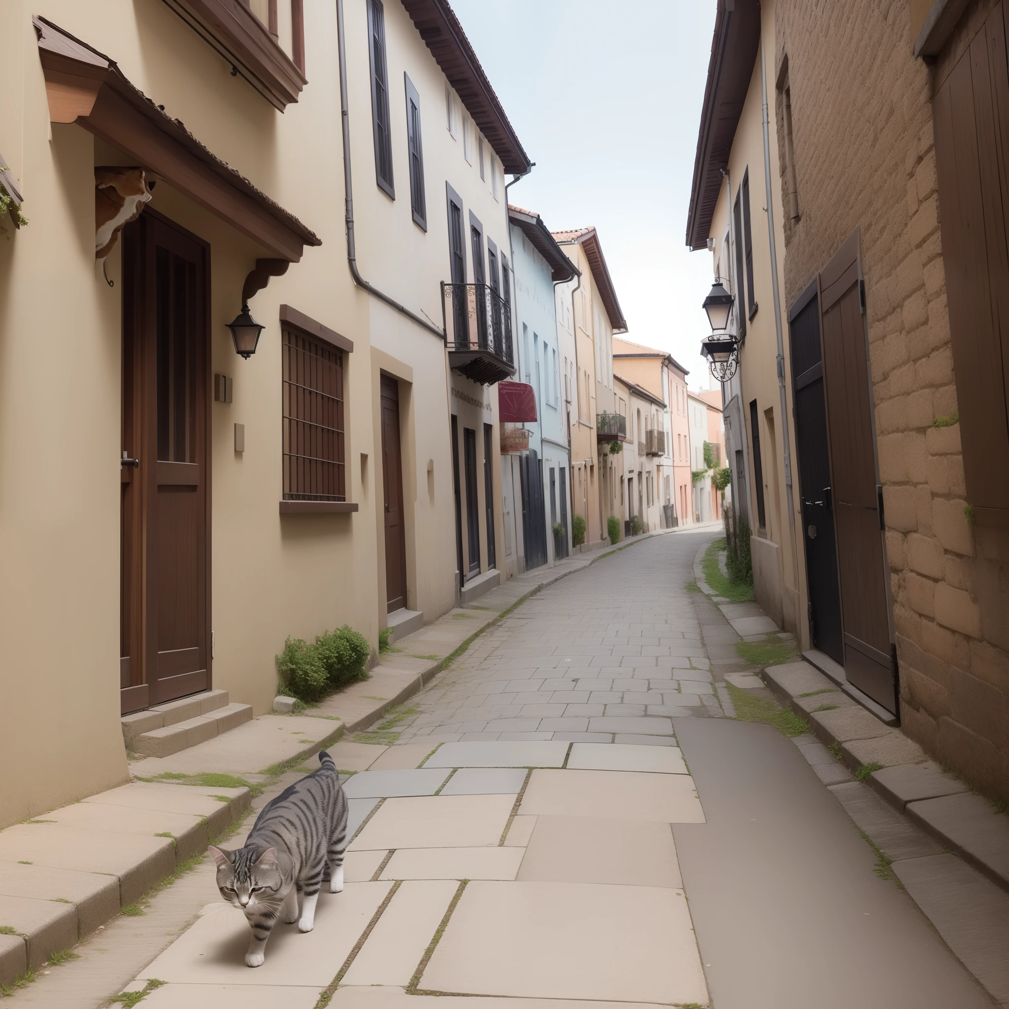 catss, American Shorthair, Walking through the old town, Low perspective, top-quality, masterpiece, Photorealsitic, ultra-detailliert