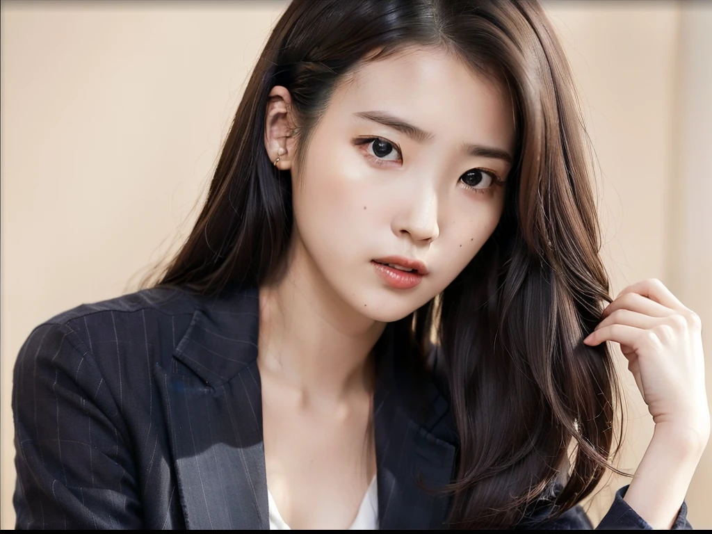 top-quality, masterpiece, 1girl in, beautiful countenance, (photographrealistic:1.3), Rim Lighting, (High Detail Skins:1.2), 8K UHD, Digital SLR, hightquality, hight resolution, 4K, 8K, bokeh dof, absurderes, best ratio four finger and one thumb, (realisitic:1.3), pretty 1girl, Wearing a black formal blazer, middlebreast,Realistic beautiful face, Photorealistic beautiful face,Karina's sophisticated charm、Michopa's bright and energetic aura、And a portrait of a woman with Yukipoyo's unique style。Upper body facing forward,above waist,Have an upper body,Standing,Refreshing way of standing,The 25-year-old wears a dark-colored suit.、Its suit has a silky texture。Her hair is medium length、It has curls like Michopa。arafed asian woman with long brown hair and a white shirt。styles: Photorealistic and high-resolution 16K。illuminating: The soft light of the morning illuminates her face。Farbe: with deep shades of a dark suit、Light background contrast。composition: Canon EOS 5D Mark IV DSLR Camera、EF 85mm f/1.4L IS USM Lens、Resolution 30.4 megapixels、ISO sensit: 80、Shutter Speed 1/100 sec、f/2.8。 --ar 16:9 --v 5.1 --style raw --q 2 --s 750