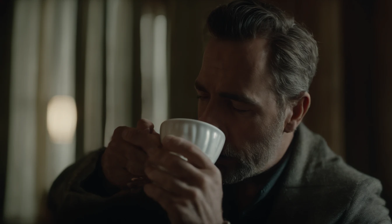 Close-up of a bust of a man drinking from a water cup
