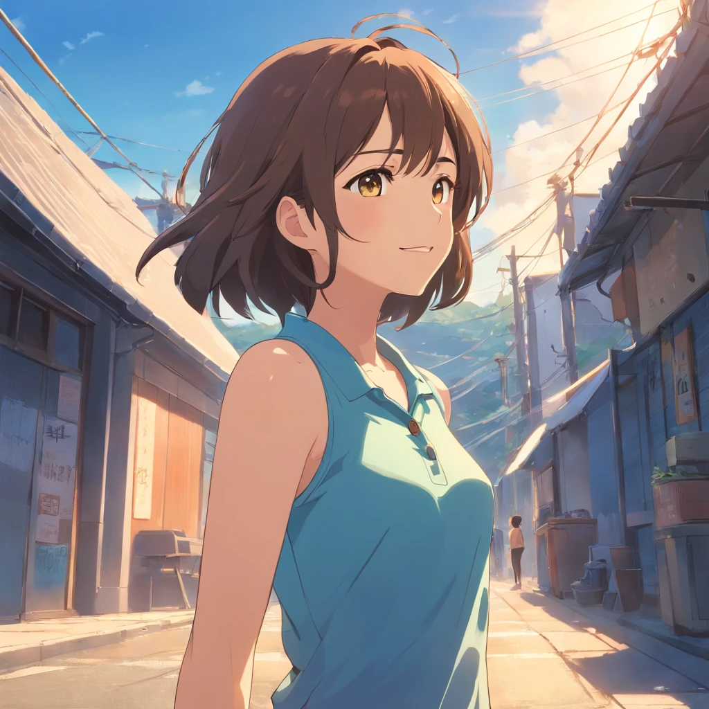 masuter piece, 独奏, Turn around、facing back、Beautiful woman looking back、Blue polo shirt, Beautiful girl with a refreshing smile, Orange polo shirt, Beautiful sun, Fine expression, dynamic ungle, Beautuful Women, urban backdrop, Stand up straight,anime big breast、Hands raised、Brush the wall pose、Pose to polish the walls
