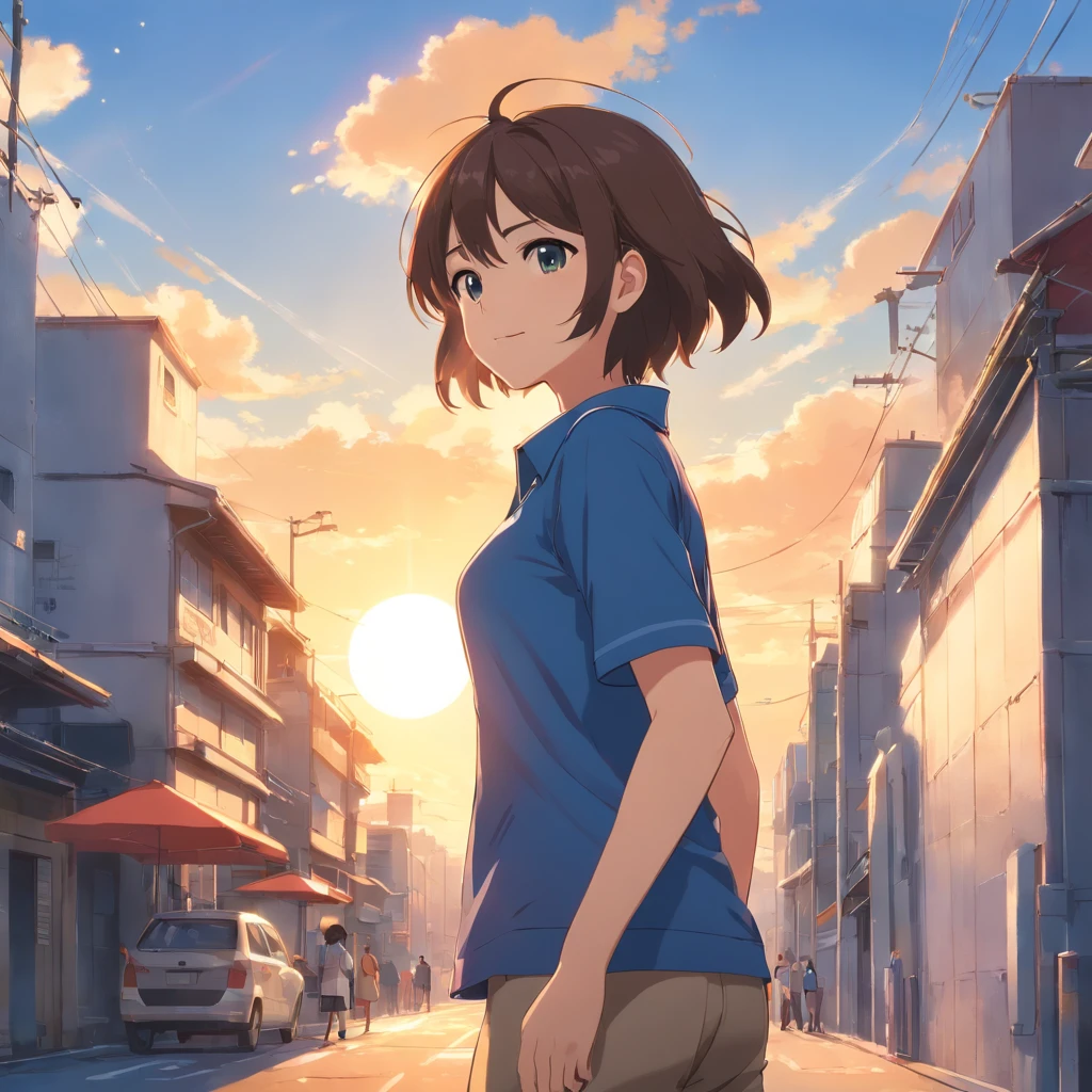 masuter piece, 独奏, Turn around、facing back、Beautiful woman looking back、Blue polo shirt, Beautiful girl with a refreshing smile, Orange polo shirt, Beautiful sun, Fine expression, dynamic ungle, Beautuful Women, urban backdrop, Stand up straight,anime big breast、Hands raised、Brush the wall pose、Pose to polish the walls