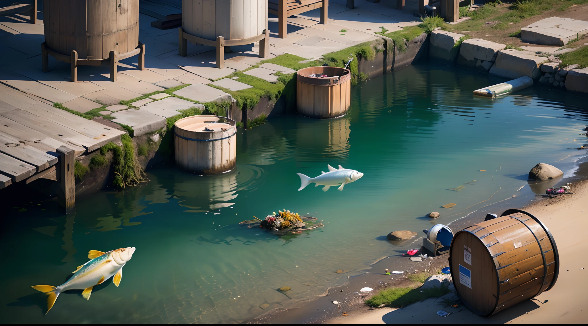 Marine pollution,Dying fish,oil drum