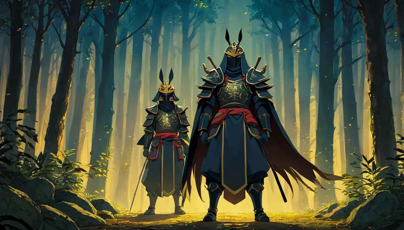 old evil masked twins in dark samurai armor shadow people with golden cloth and black armor in gloomy dark forest