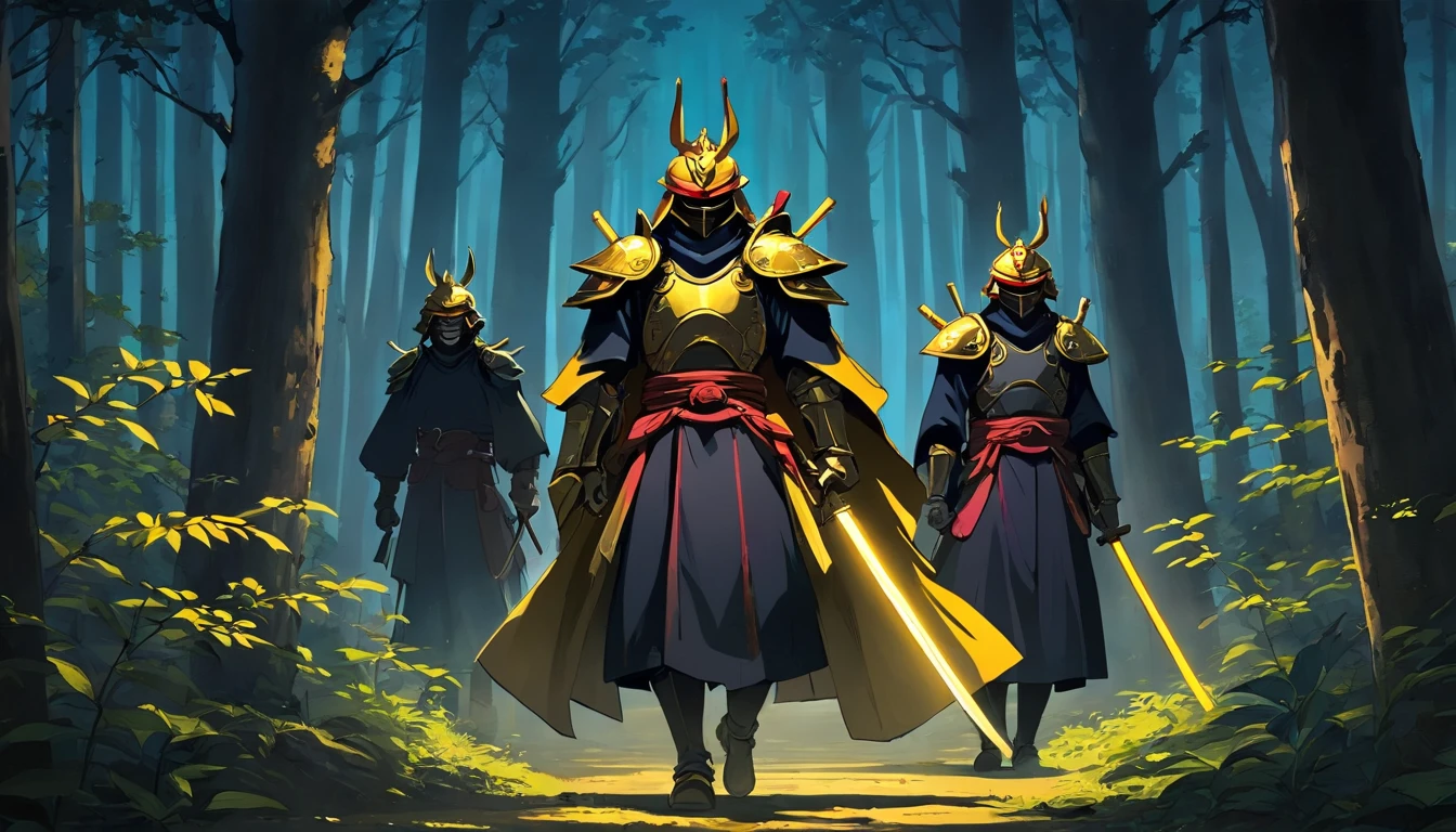 old evil masked twins in dark samurai armor shadow people with golden cloth and black armor in gloomy dark forest