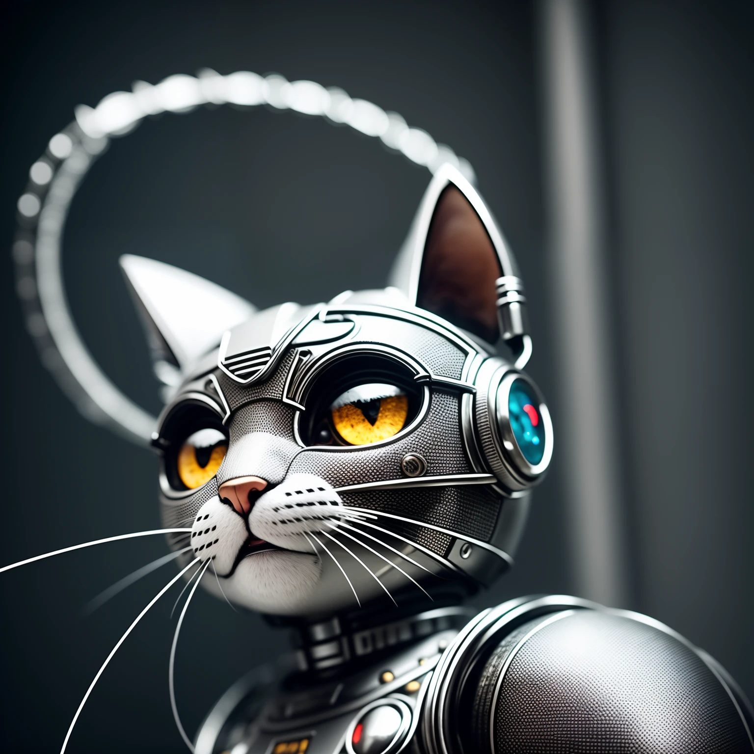 a cute kitten made out of metal, (cyborg:1.1), ([tail | detailed wire]:1.3), (intricate details), hdr, (intricate details, hyperdetailed:1.2), cinematic shot, vignette, centered