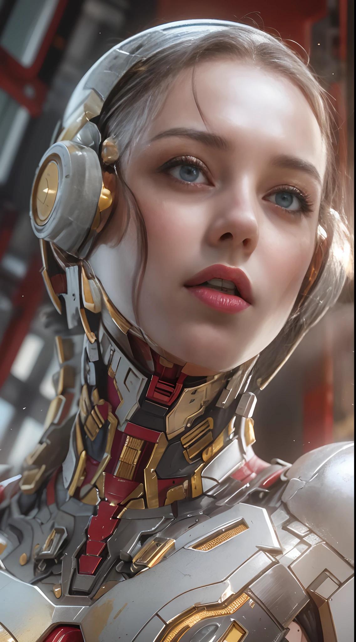 RAW, Masterpiece, Ultra Fine Photo,, Best Quality, Ultra High Resolution, Photorealistic, Sunlight, Full Body Portrait, Stunningly Beautiful,, Dynamic Poses, Delicate Face, Vibrant Eyes, (Side View) , she is wearing a futuristic Iron Man mech, red and gold color scheme, highly detailed abandoned warehouse background, detailed face, detailed and complex busy background, messy, gorgeous, milky white, high detailed skin, realistic skin details, visible pores , sharp focus, volumetric fog, 8k uhd, dslr camera, high quality, film grain, fair skin, photorealism, lomography, sprawling metropolis in futuristic dystopia, view from below, translucent
