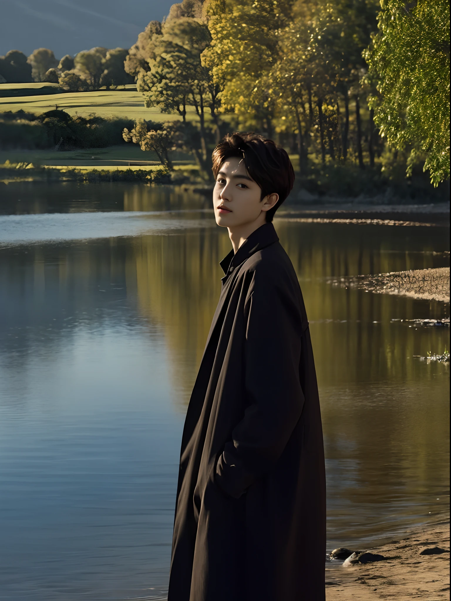 Best quality, Masterpiece, (Photorealistic:1.4), 1boy, Solo, Short hair, Black coat, Long sleeves, Upper body, Dramatic lighting, view the viewer,, rural, Flowers, Lake, Sunshine,