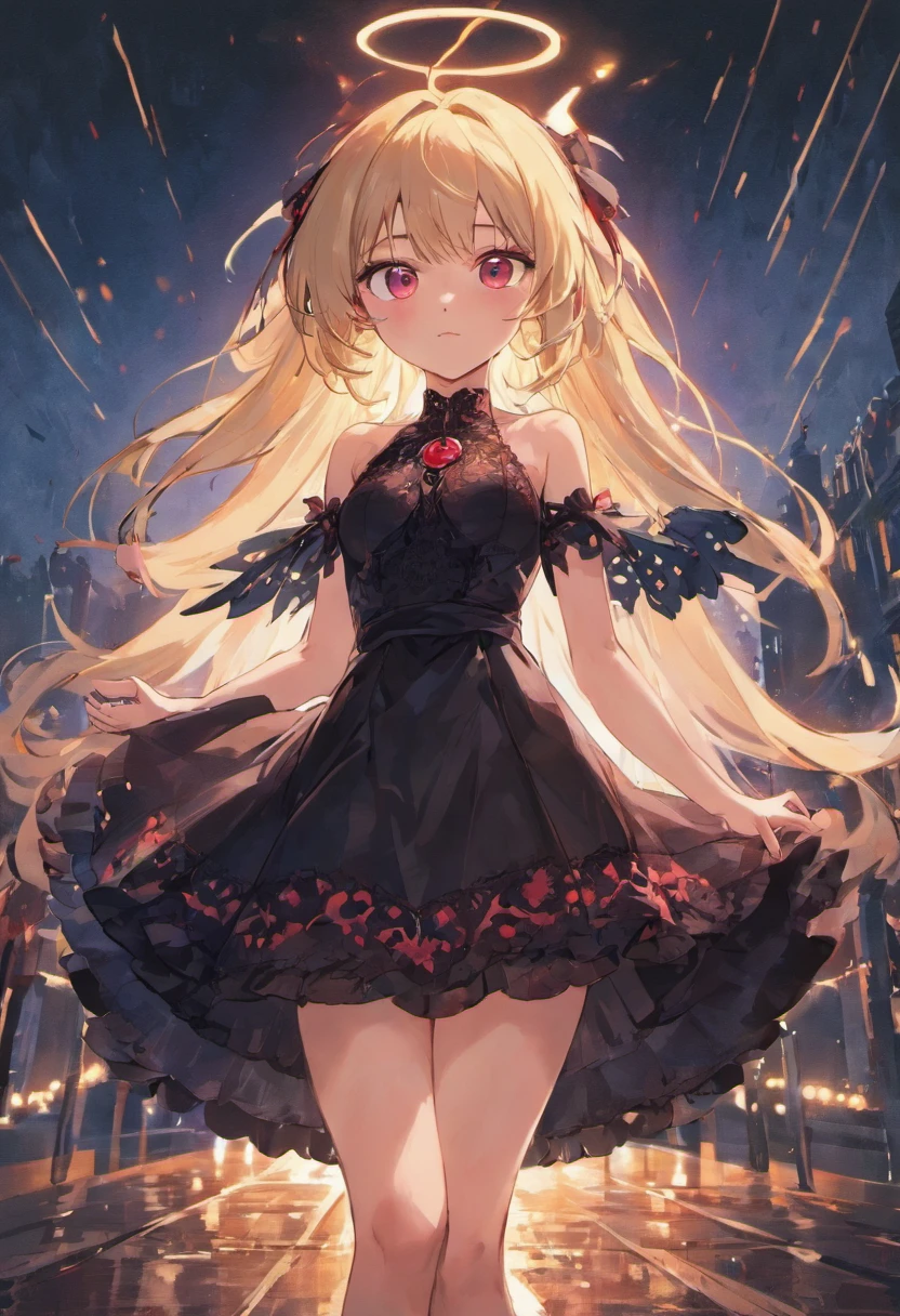 blond hairbl,Red eyes,Breast cup C,Black lace dress,Seaside cruise lights at night