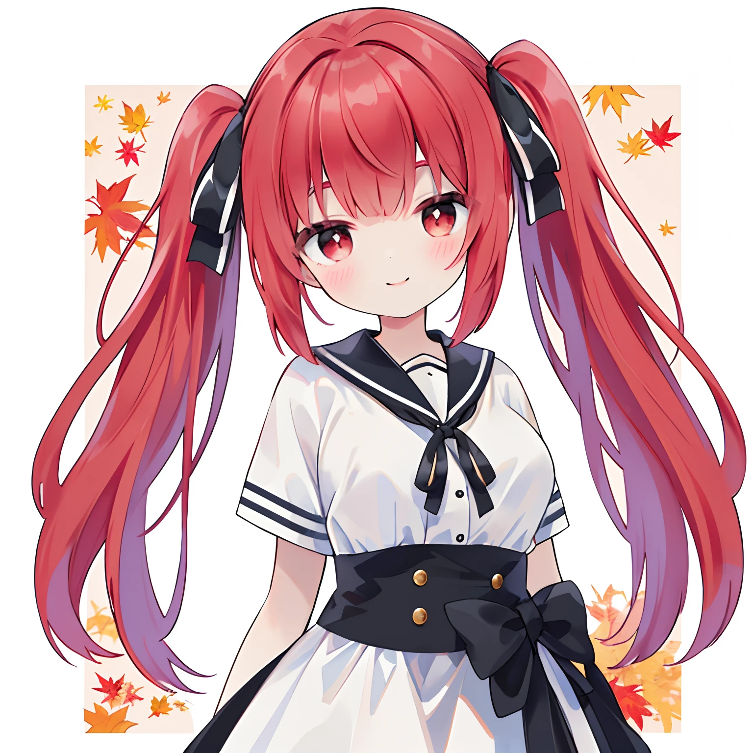 (top-quality、8K、32K、masterpiece、nffsw:1.2)、((Photo of red-eyed woman with bright red hair with cute smile:1.3))、
Black sailor suit、((Horizontal twin tails tied with a black ribbon:2))、
Curly hair:1.3、Zito-order:2、large full breasts、simple background、Look around、A smile、Autumn background