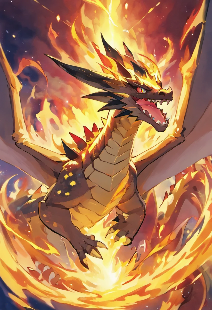(Dragon celestial dorado) con (ojos penetrantes de color rojo),primer plano soltando (fuego de sangre) por la nariz,escamas bulumetricas,alta calidad,8k,muchos detalles,paticulas de fuego,alas,4patas,garraz manchadas,oro,peligro,fuego,dientes filosos,dragon gigante,colosal,amenazante,imponente,escamas azules