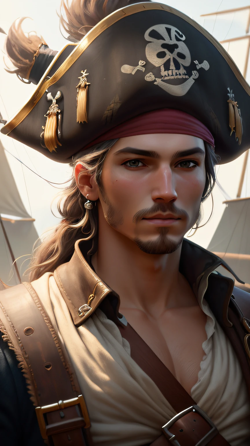 a pirate, , a picture,Soft lighting, Soft Detail, octane, Art Station Trend, ultra high detail, A hyper-realistic, Cinematic,16 K, ​masterpiece, top-quality, hightquality, hight resolution、Body Portrait、