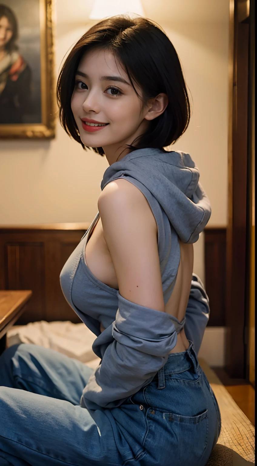 ((Best quality, 8K, Masterpiece :1.3)), (Realistic, Photorealistic:1.4),Pretty Women with Perfect Figure :1.4, (Medium breasts), Beautiful, Smile, transparent  naked hoodie, (Bright:1.4), Pretty woman, (Highly detailed face:1.2),cleavage, blown hair, jaw dropping, Bob, Sitting, Tight waist,  Detailed eyes, 二重まぶた, japanese beautiful woman, arms back behind,