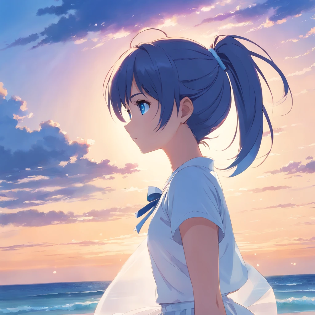 Blue eyes, long white skirt, short ponytail, side face