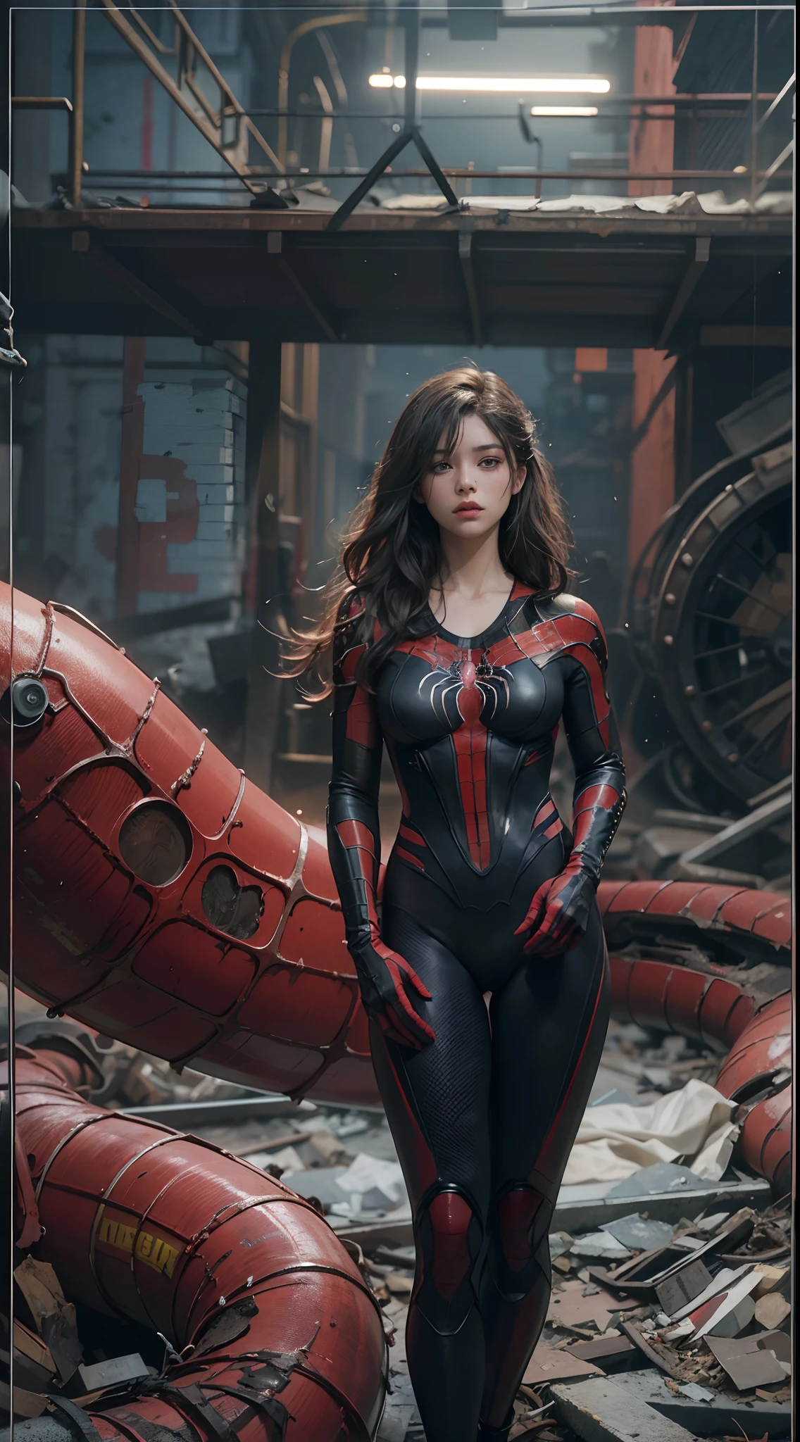 (1girl:1.3), solo, __body-parts__, official art, unified 8k wallpaper, super detailed, beautiful and aesthetic, beautiful, masterpiece, best quality, raw, masterpiece, super fine photo, best quality, super high resolution, photorealistic realism, sunlight, full body portrait, amazing beauty, dynamic pose, delicate face, vibrant eyes, (from the front), she is wearing a full body Spider-Man suit, red and black color scheme, spider, very detailed abandoned warehouse background , detailed face, detailed complex busy background, messy, gorgeous, milky, highly detailed skin, realistic skin details, visible pores, sharp focus, volumetric fog, 8k uhd, DSLR camera, high quality, film grain, fair skin, photo realism, lomography, huge metropolis in a future dystopia,