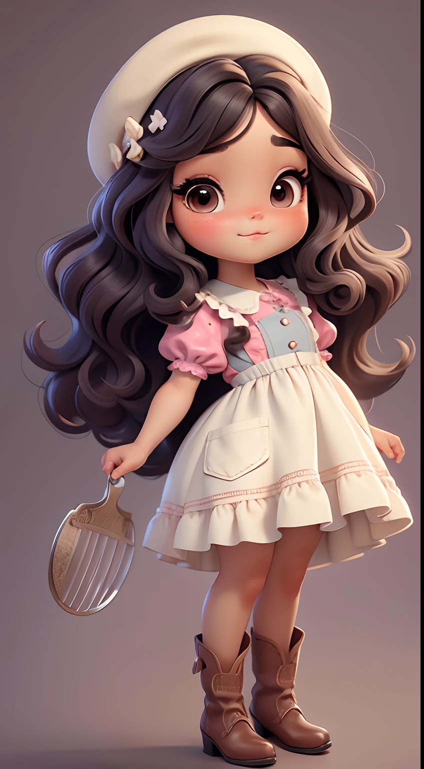 Create a series of cute style chibi dolls with a cute cowgirl theme, each with lots of detail and in an 8K resolution. All dolls should follow the same solid background pattern and be complete in the image, mostrando o (corpo inteiro, incluindo as pernas: 1.5)
Boneca cowgirl: Chame-a de Mia. She must have medium wavy brunette hair. Seus olhos devem ser grandes e curiosos, with long eyelashes and slightly pinkish cheeks. Mia should be dressed in a delicate jumpsuit, cowboy boot and a polka dot blouse and a cowboy hat is cute. She should hold delicate and thin accessories. Add details like pockets and ruffles to the apron to make it even more charming, sapato bonito
Certifique-se de adicionar sombras, texturas e detalhes nos cabelos, roupas, Beautiful utensils, to make them even more adorable and charming.