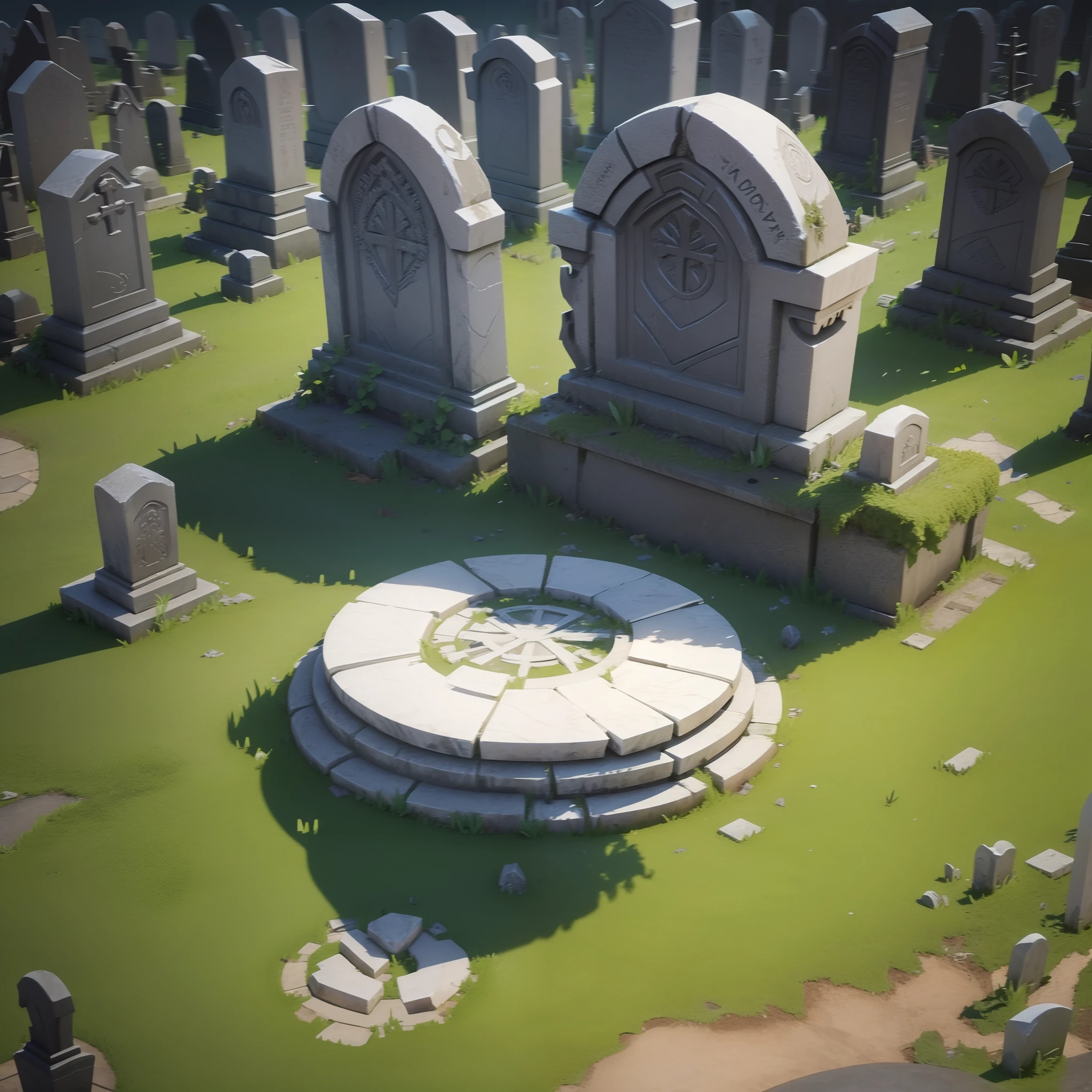 European style,A cemetery,Close-up of tombstones,Each tombstone is independent,Tombstone of the cross,(There are carvings on the tombstones,crackles),weeds,High-quality 3D,