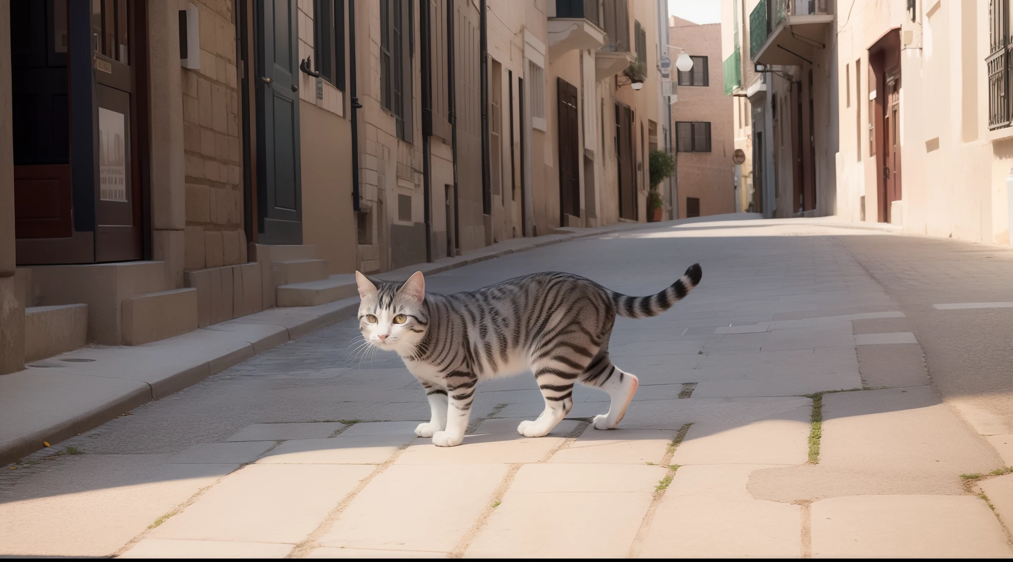 catss, American Shorthair, Being on the streets of the old city, Low perspective, top-quality, ​masterpiece, Photorealsitic, ultra-detailliert, PM, natural soft light