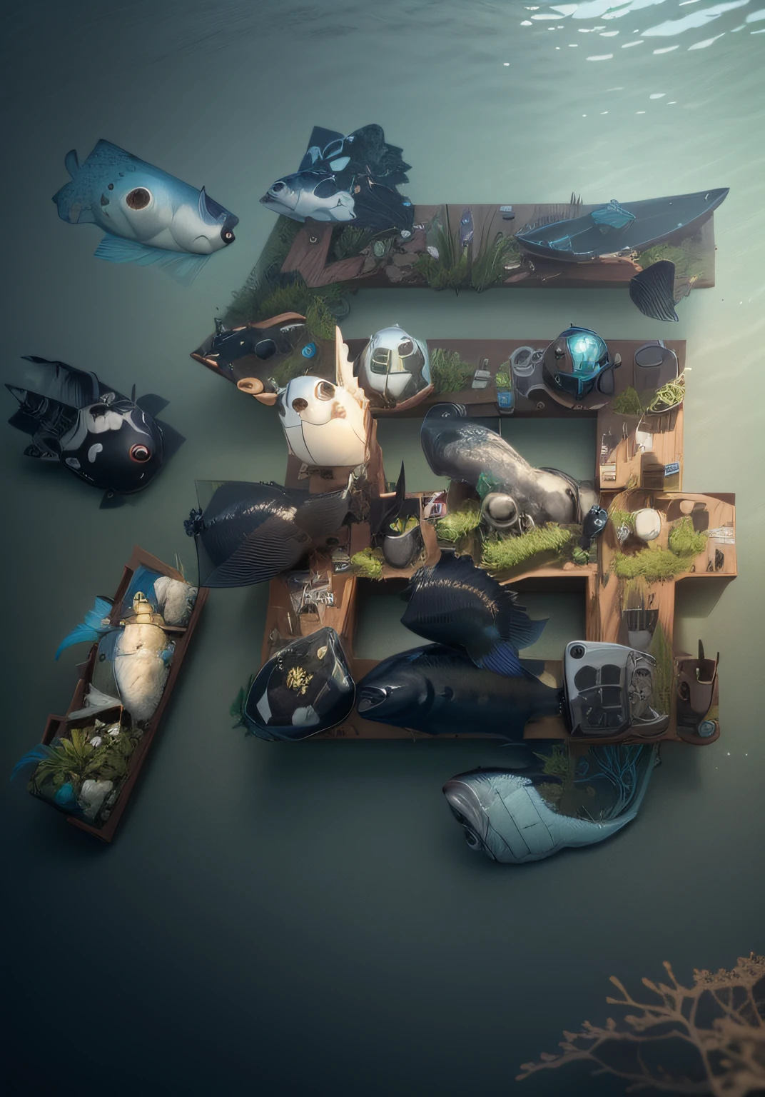 There are many different species of marine animals and fish that mutate due to marine pollution, This space is overgrown with seaweed and garbage, Realistic 3D stereoscopic characters on white background without background
