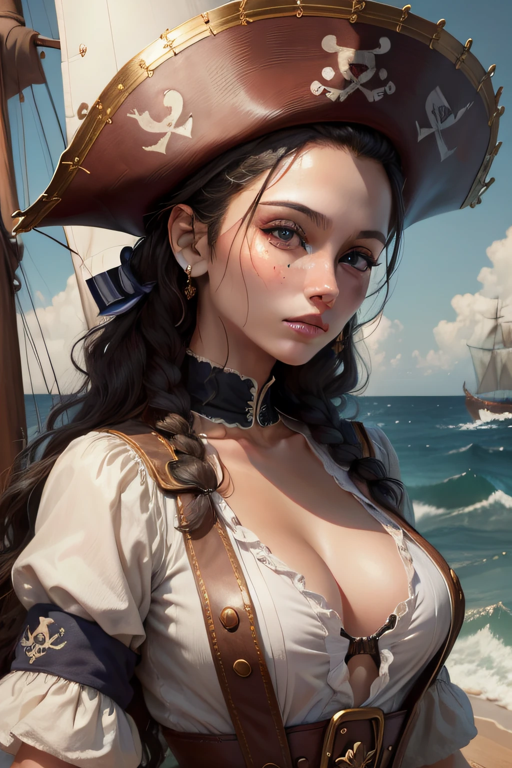 Portrait of a sailor woman in the pirate era、​masterpiece, top-quality, hightquality, hight resolution、beautiful expression、(Lifelike face)、realisticeyes、beatiful detailed eyes、real looking skin、Beautiful skins、A hyper-realistic、ighly detailed、Body Portrait、((full-body view))