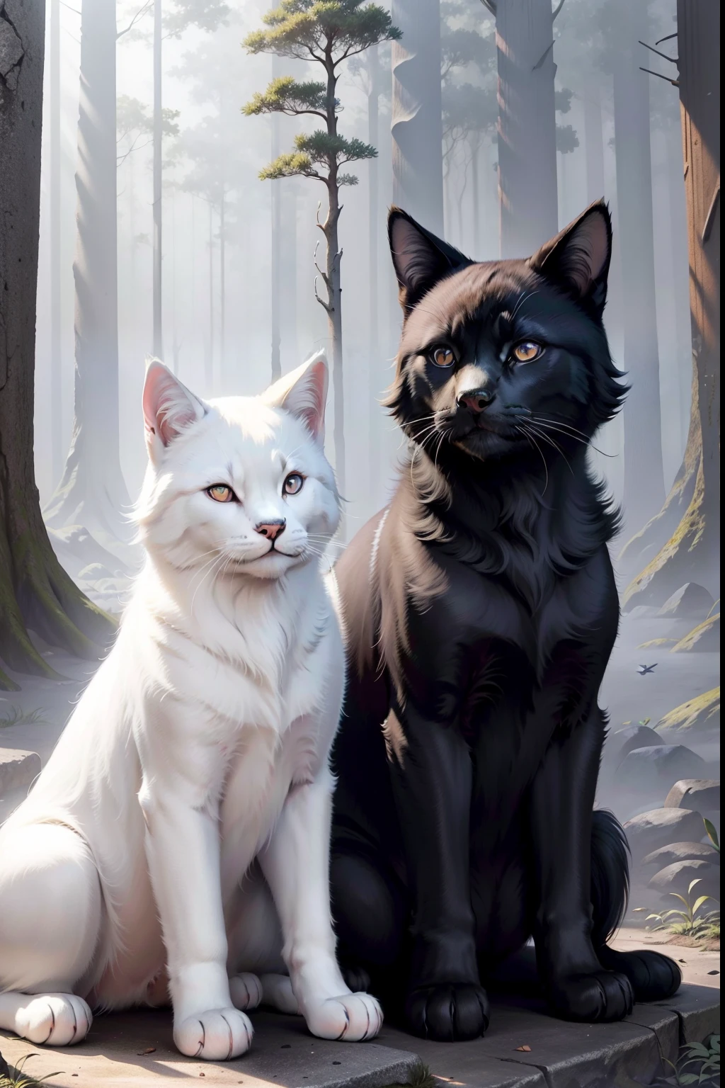 There is a black cat and a white dog in the forest,Lovely and elegant,Shenjun,Pure black kittens and pure white puppies