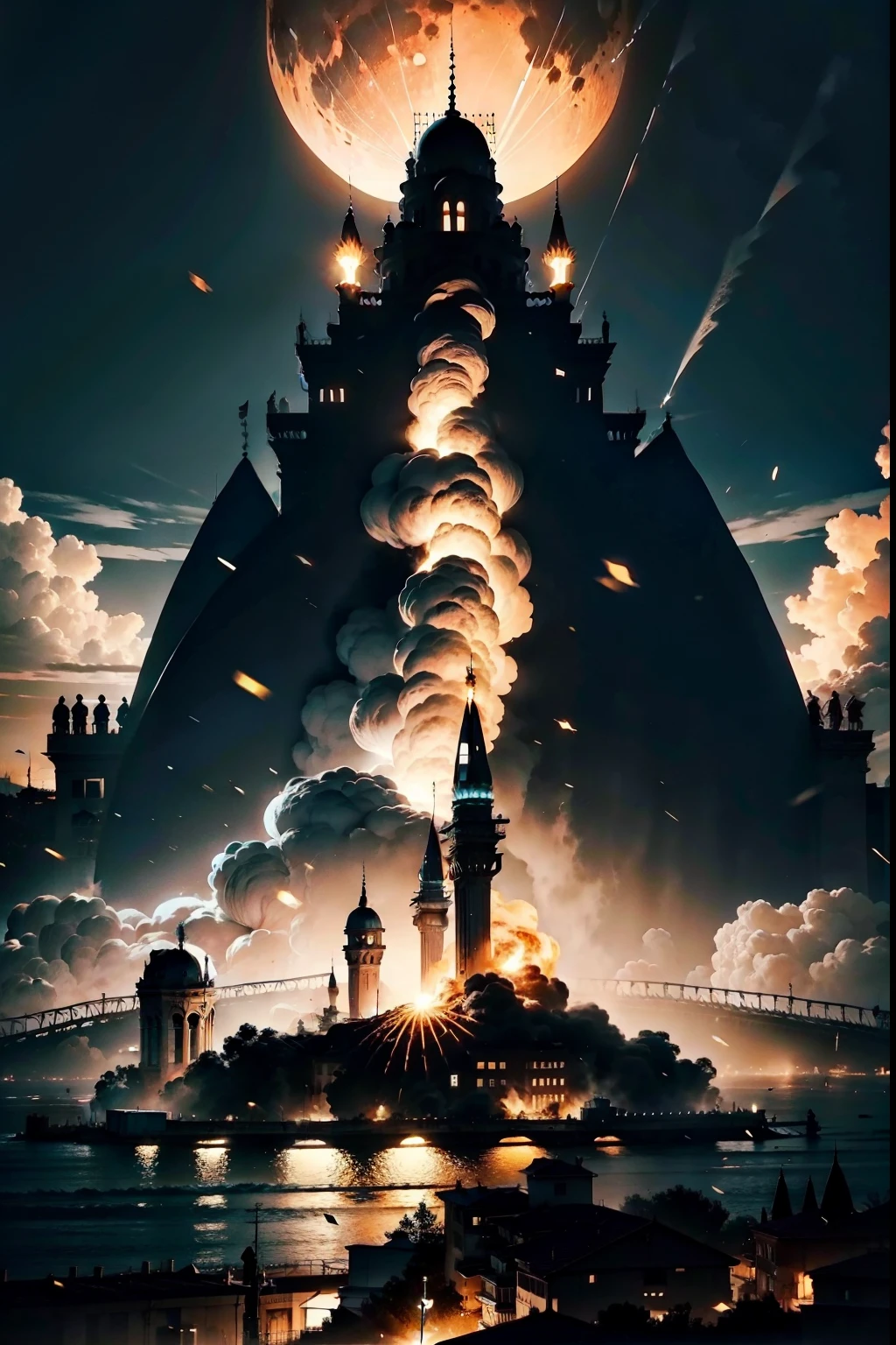 HISTORICAL BUILDINGS IN ISTANBUL ON THE FULL MOON AND PEOPLE LEADING FROM FIRE AND EARTHQUAKE