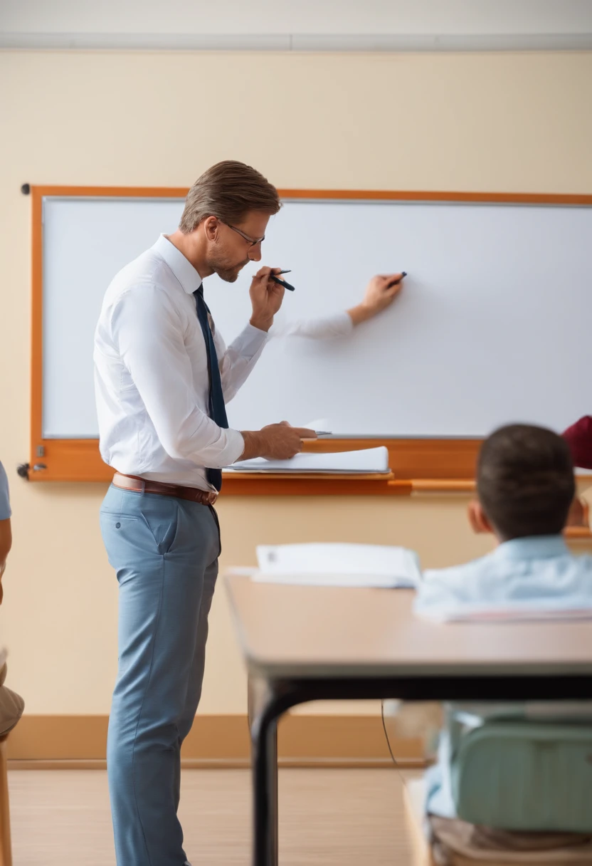 Male teacher is writing on the white board, turns in shock to find his students are all melting. Photo realistic