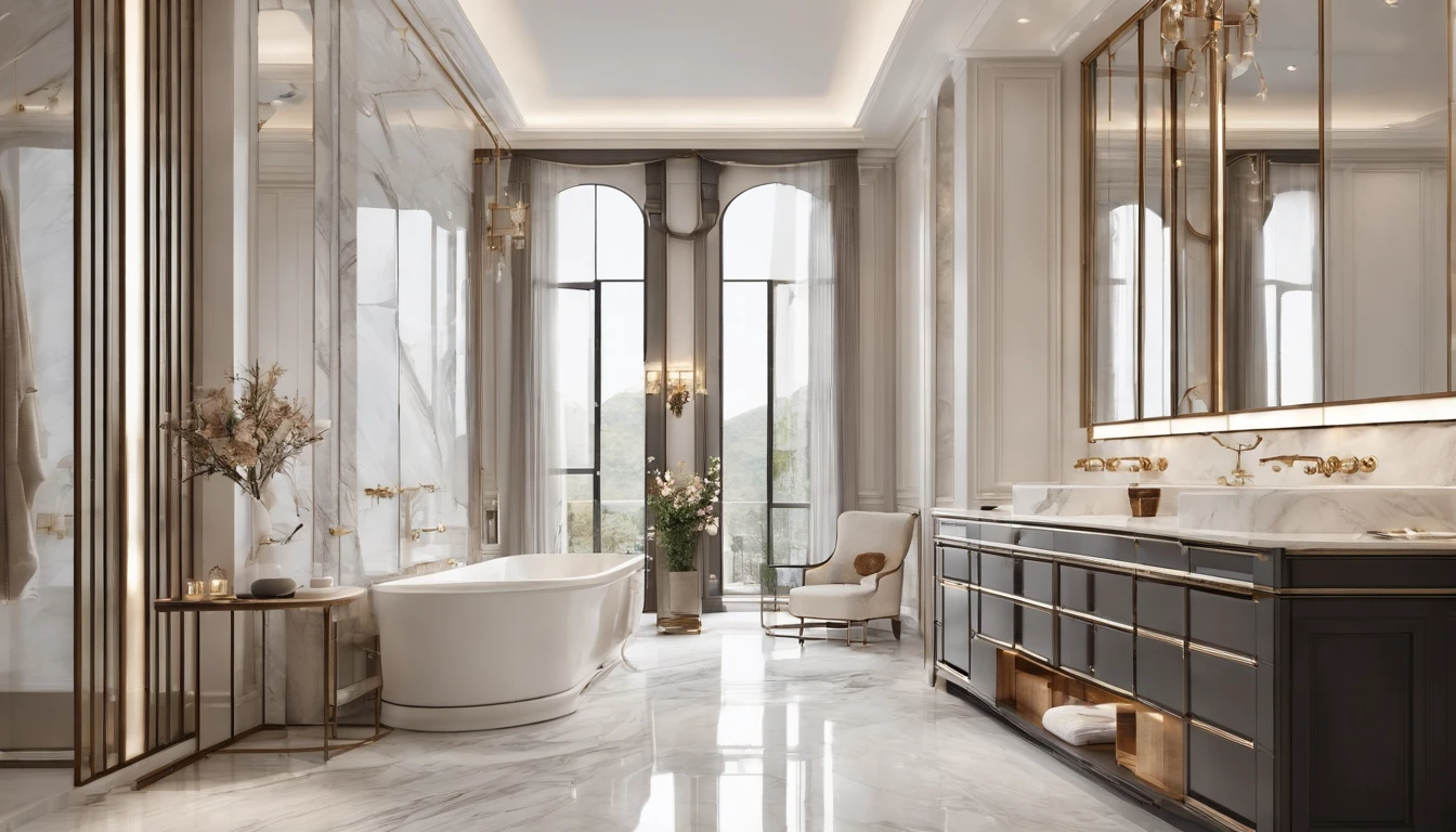The bathroom comes with a large shower。 exquisite marble details, white marble walls, Marble room, premium bathroom design, wooden floor, white marble interior photograph, high quality 3 d render, , smooth marble surfaces, neo - classical style, wooden floor, Neoclassical style, interior of a bathroom, high quality rendering