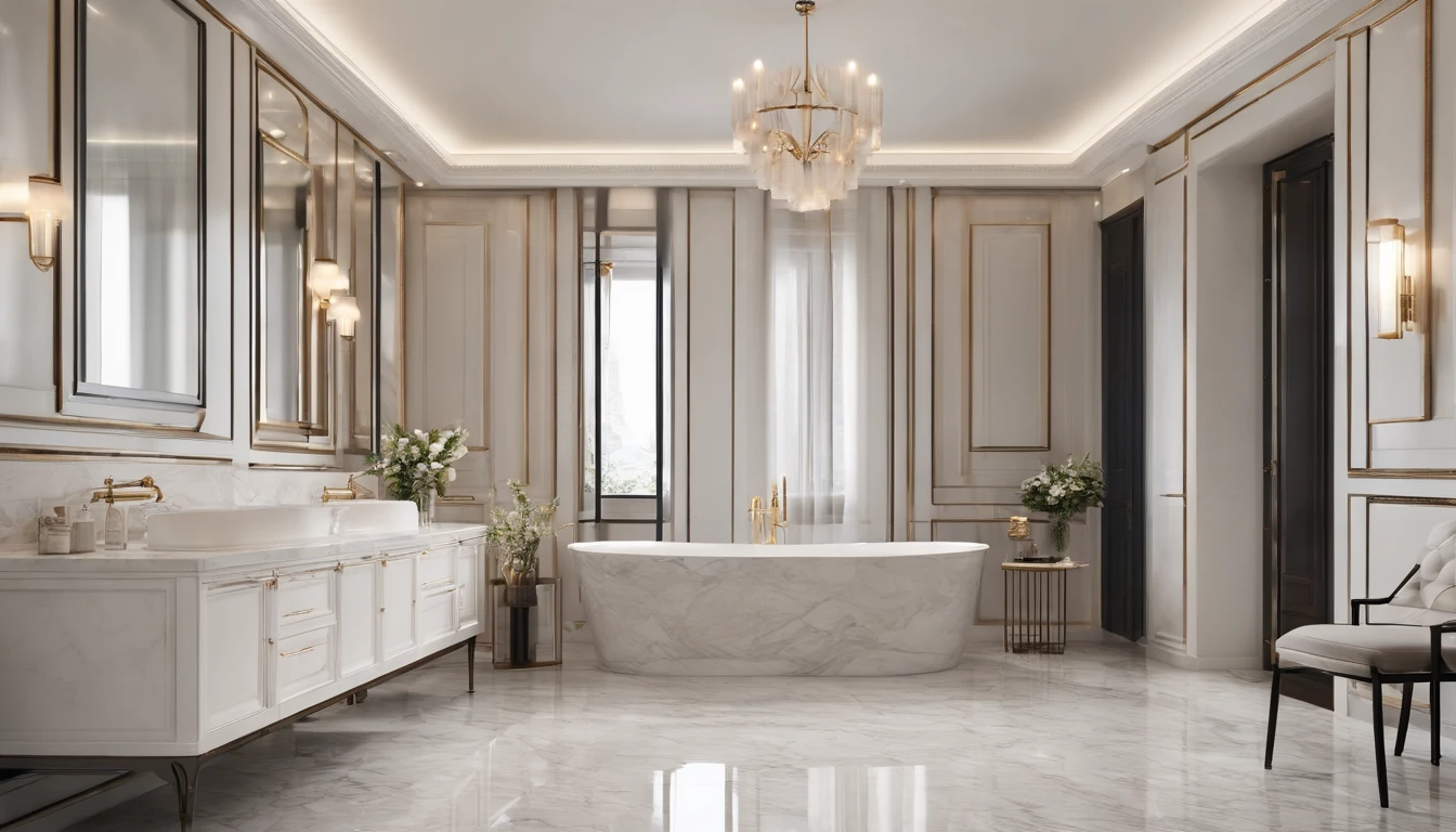 The bathroom comes with a large shower。 exquisite marble details, white marble walls, Marble room, premium bathroom design, wooden floor, white marble interior photograph, high quality 3 d render, , smooth marble surfaces, neo - classical style, wooden floor, Neoclassical style, interior of a bathroom, high quality rendering