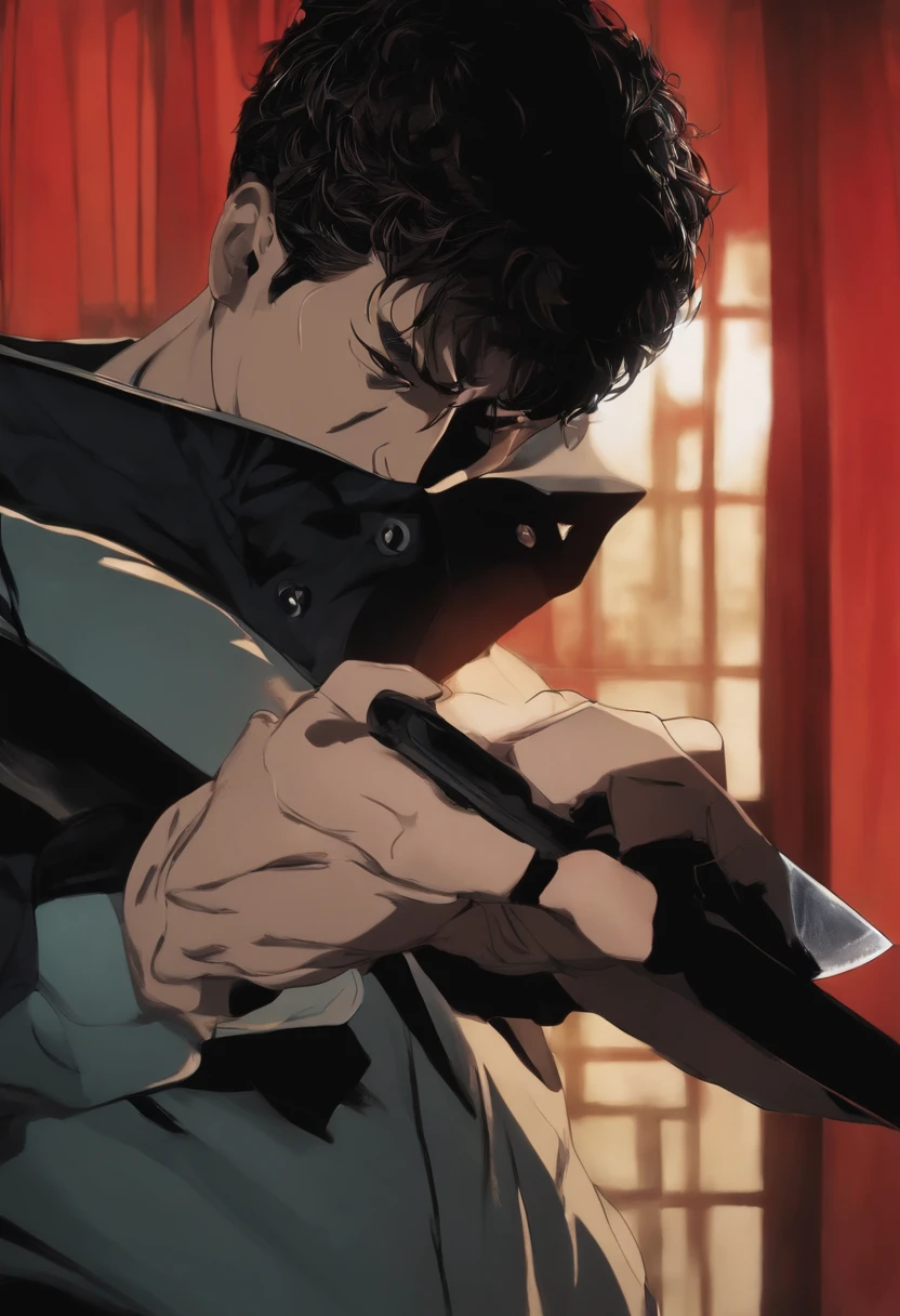 A close-up of a man with a knife killing himself in the video, japanese live action movie, live-action movie scenes, still from live action movie, live-action archival footage, Live-action, live - action, live action film, live-action adaptation, Live action,