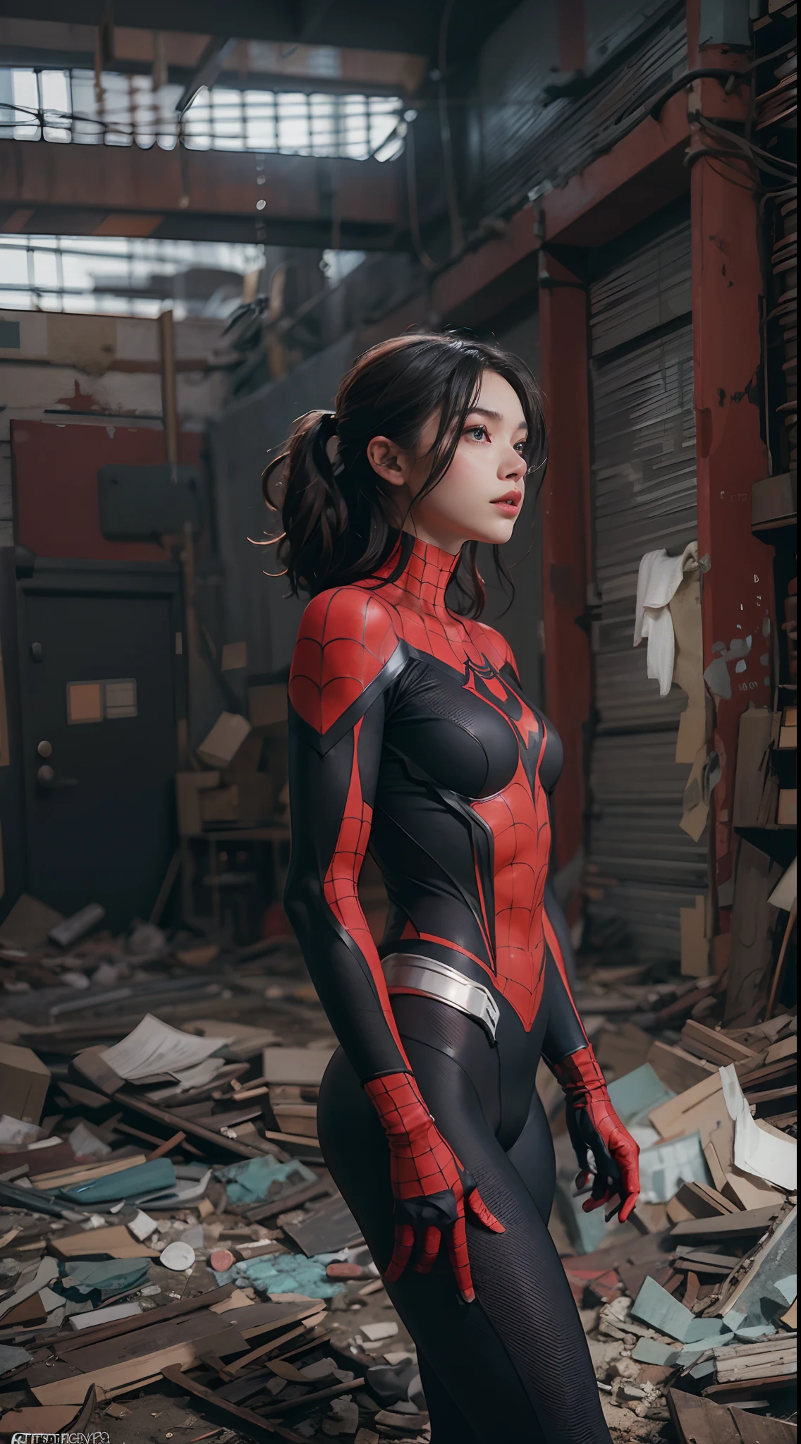 (1girl:1.3), solo, __body-parts__, official art, unified 8k wallpaper, super detailed, beautiful and aesthetic, beautiful, masterpiece, best quality, raw, masterpiece, super fine photo, best quality, super high resolution, photorealistic realism, sunlight, full body portrait, amazing beauty, dynamic pose, delicate face, vibrant eyes, (from the front), she is wearing a full body Spider-Man suit, red and black color scheme, spider, very detailed abandoned warehouse background , detailed face, detailed complex busy background, messy, gorgeous, milky, highly detailed skin, realistic skin details, visible pores, sharp focus, volumetric fog, 8k uhd, DSLR camera, high quality, film grain, fair skin, photo realism, lomography, huge metropolis in a future dystopia,