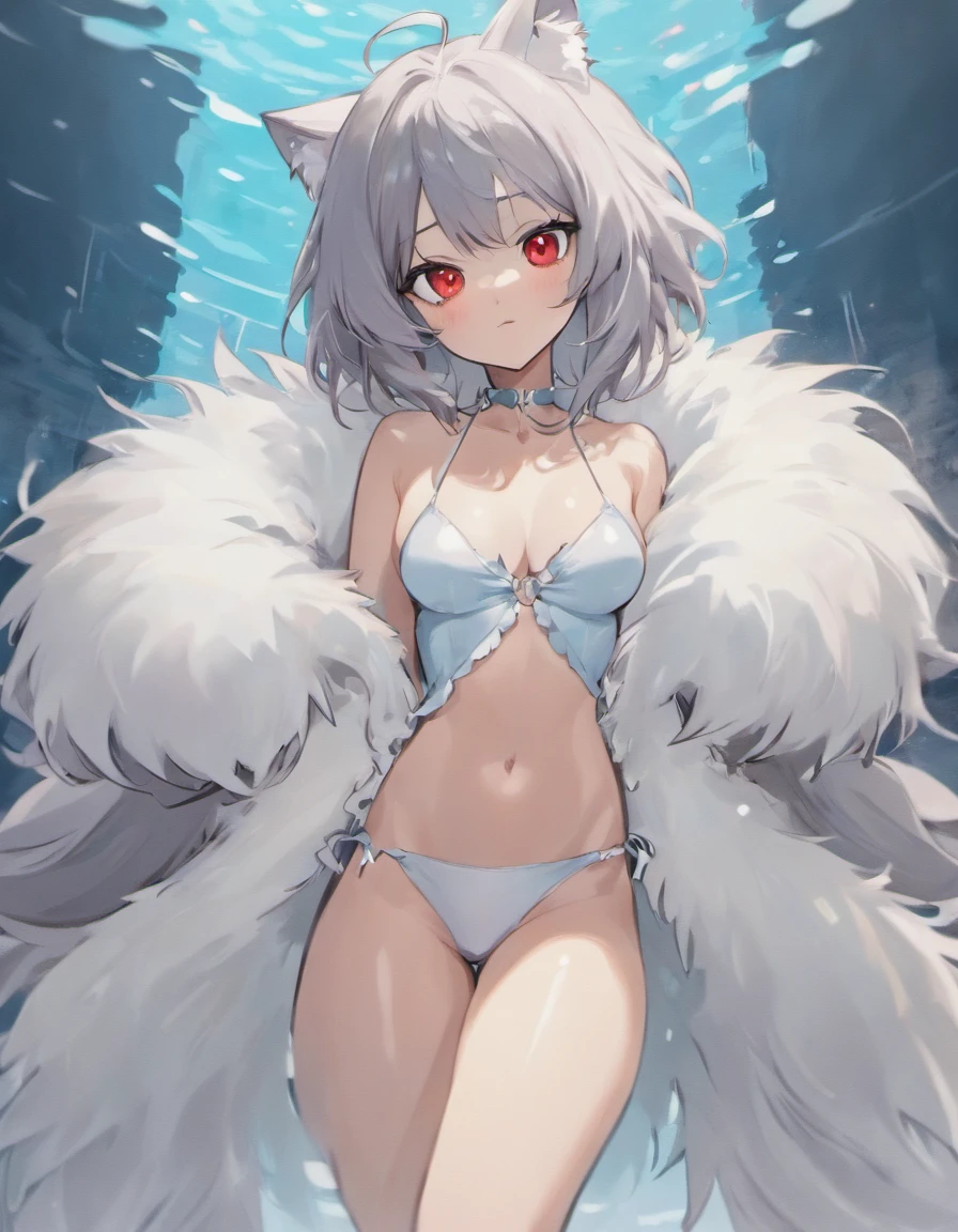 Masterpiece,High quality,abstract res,Digital painting\(artwork of a\), by Dagasi, Yupa,Kiyosan,(anthro,Fluffy fur,Character focus:1.1),anthro female cat,Long hair,Portrait , eyes with brightness, closeup cleavage,leges，Character focus.(detailedbackground:0.7), 独奏, shaggy, Furry female, female focus, anthr,(Full Body Furry, Fluffy tail, White fur, red color eyes, Gray hair:1.2), (long canines、swimming uniform），（interiors：1.3）On the beach