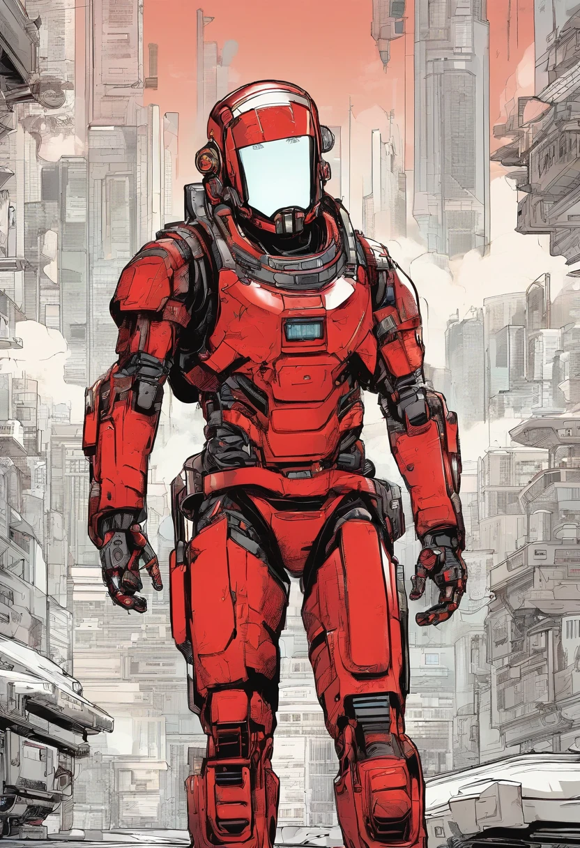cyberpunk robot, Android vermelho e branco, (astronauta outfit, alta tecnologia, capacete com viseira escura) estilo homem de ferro, HD, cores quentes, estilo comics, cidade como background