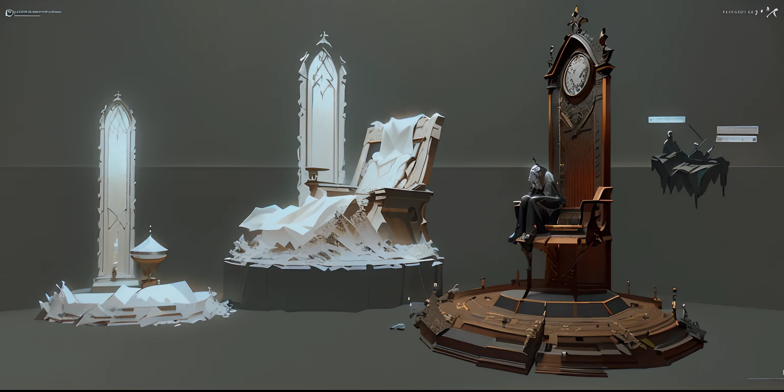 There are three different types of clocks on the table, object concept art, artstation concept, trending on polycount, artstation concept art, Gothic epic library concept, polycount contest winner, senior concept artist, as seen on artstation, Trend at Artstation, by senior environment artist, lying a throne in a fantasy land, 3d concept art