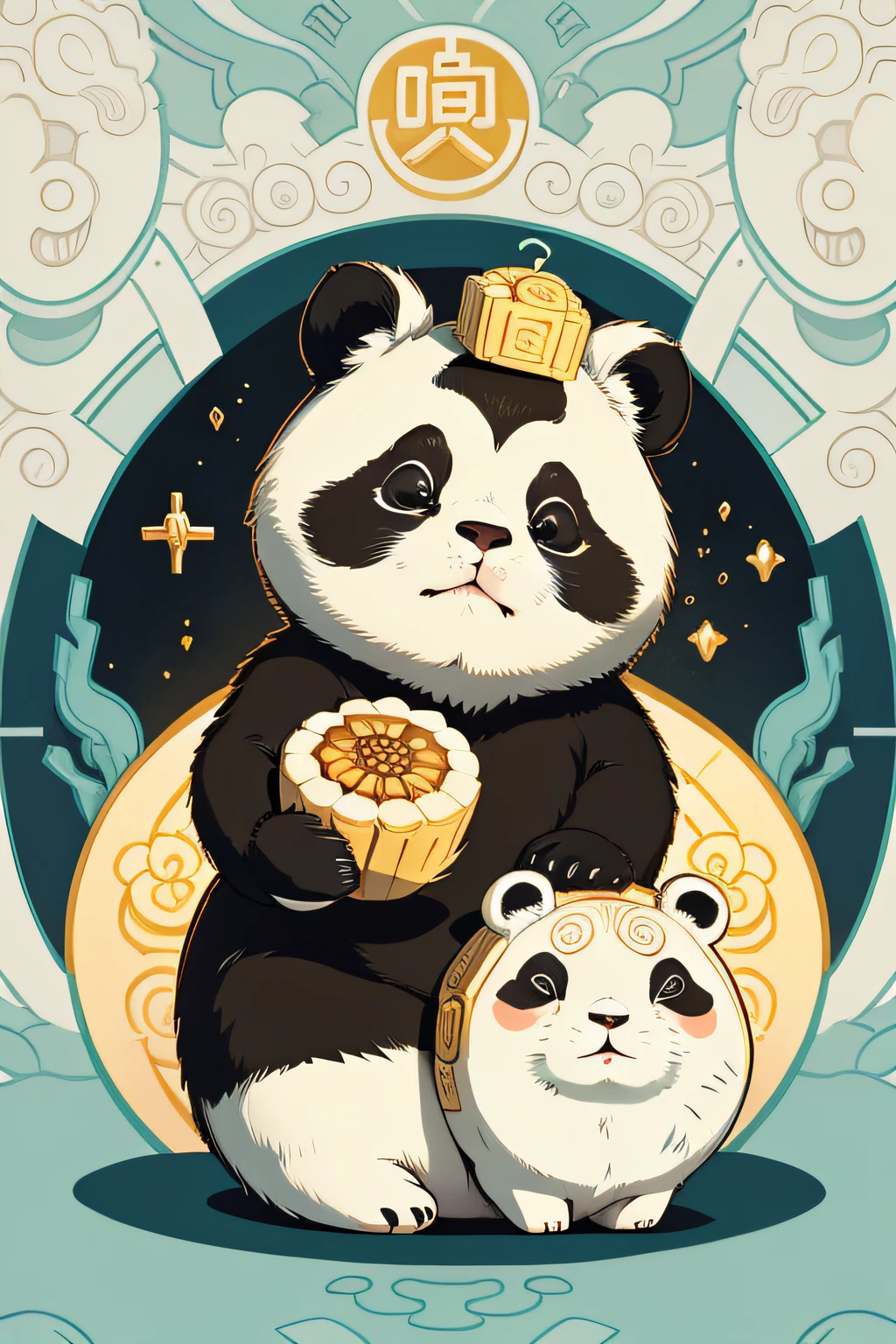 The round panda sits in front of it eating mooncakes, and there is a little rabbit on its head