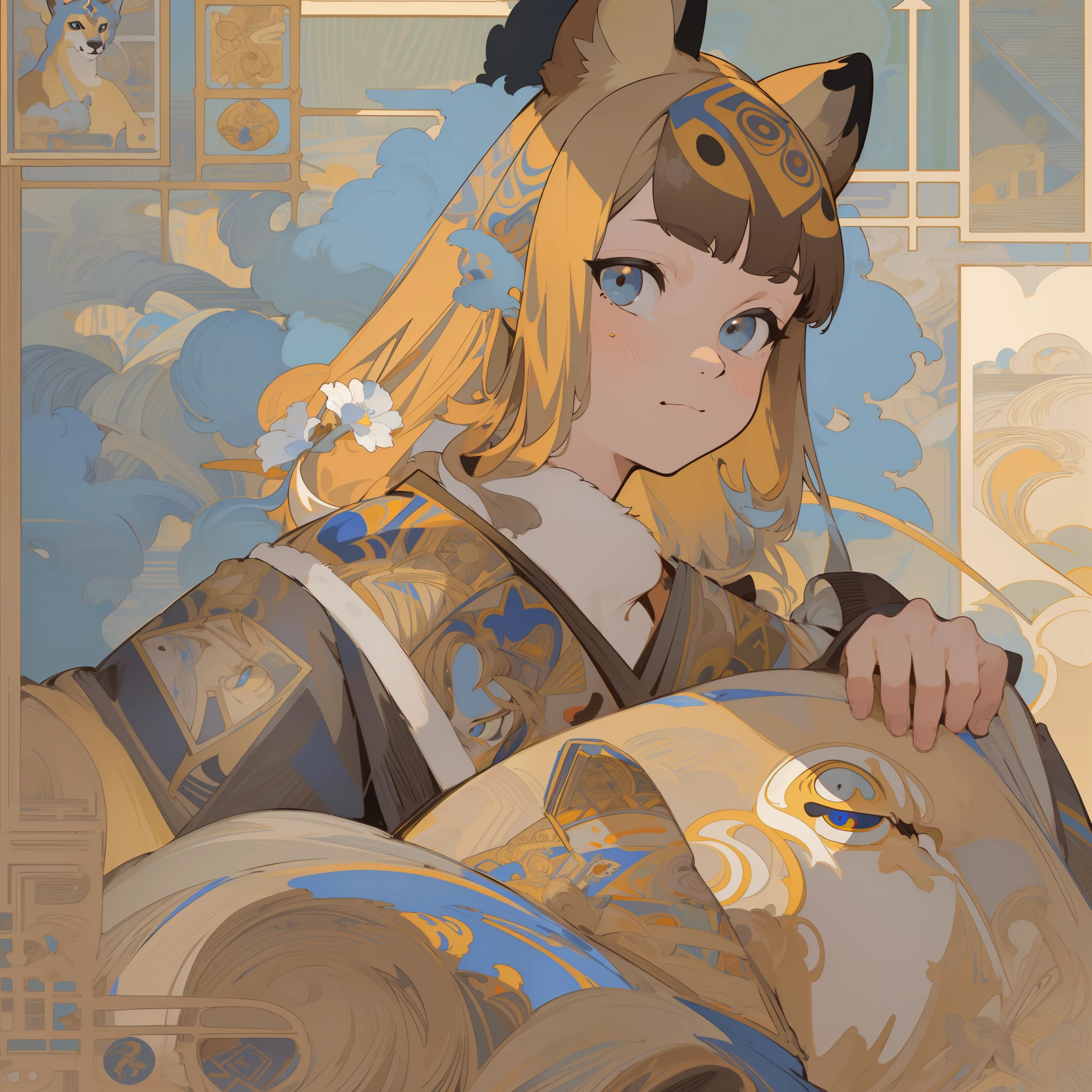 highres, top quality, best quality, paid reward available, High-quality illustrations by Johannes Vermeer, unparalleled masterpiece, perfect artwork, absurdres, perfect anatomy(highly detailed beautiful face and eyes) logo mark, stamp, Geometric pattern, vector-art, High-quality illustrations by Alfons Mucha, masterpiece(kemono, furry anthro)flower,