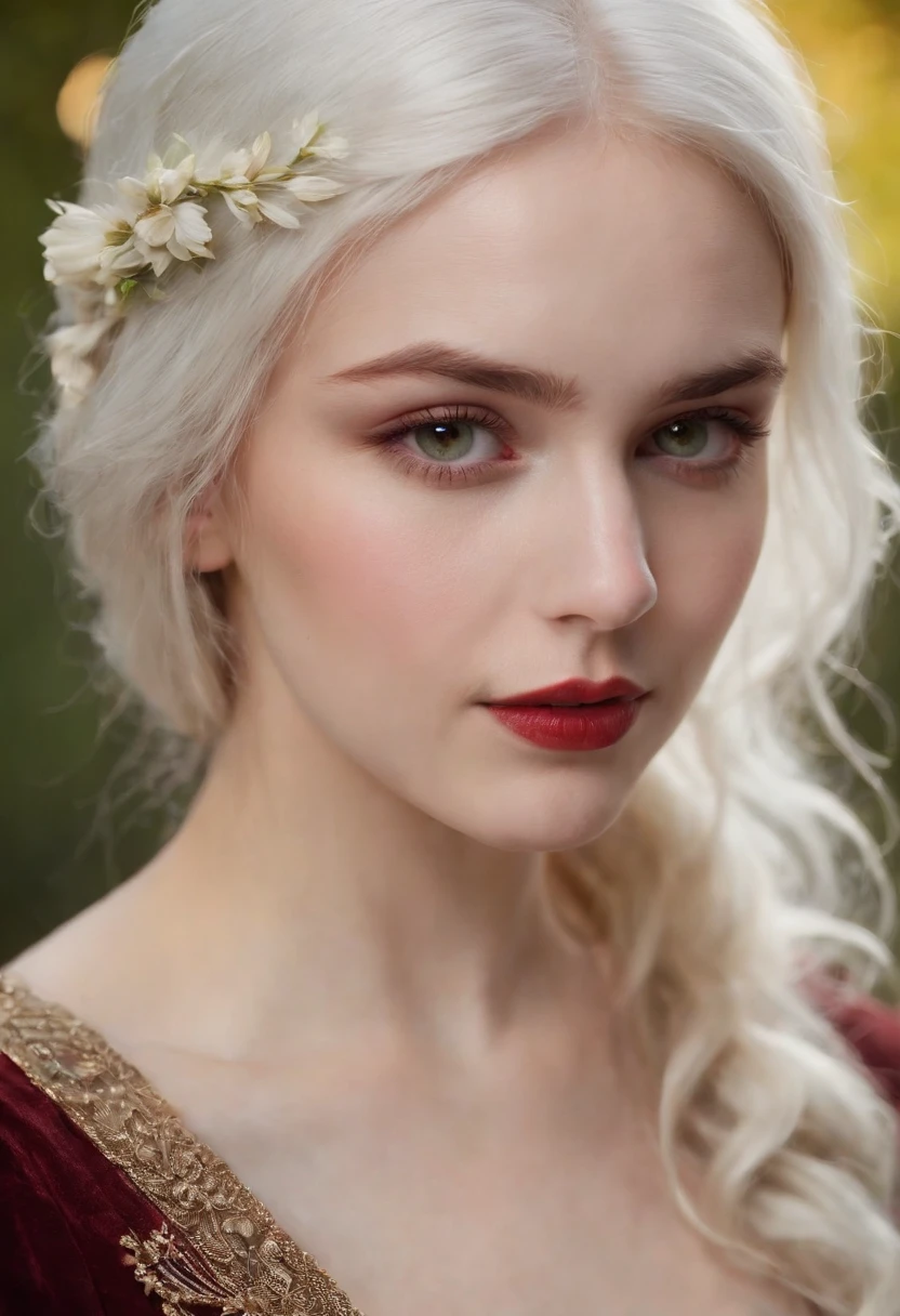 (((a deep reddish wound crosses her left cheek))) fair complexion, woman around 19 years old, natural white hair, distinctive green eyes, wearing kohl, slender and graceful, beautiful, candlelight in a medieval setting, ultra sharp focus, realistic shot, medieval female clothes, tetradic colors (scar:1.4)